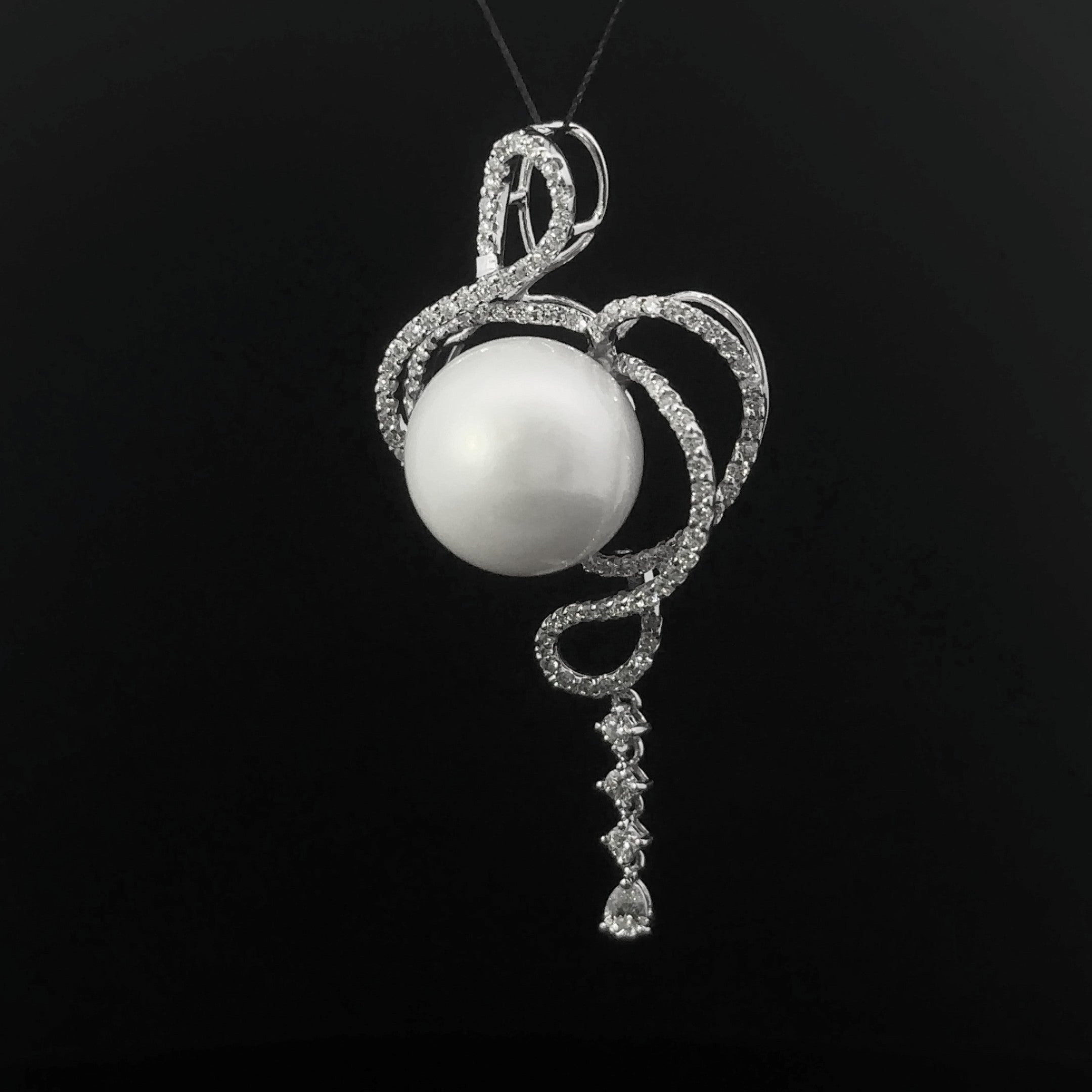 18K White Gold Free Form Pendant with South Sea Pearl & Diamonds