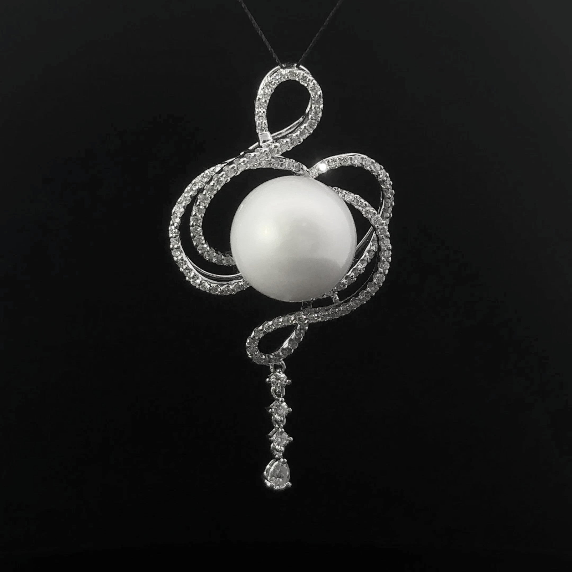18K White Gold Free Form Pendant with South Sea Pearl & Diamonds
