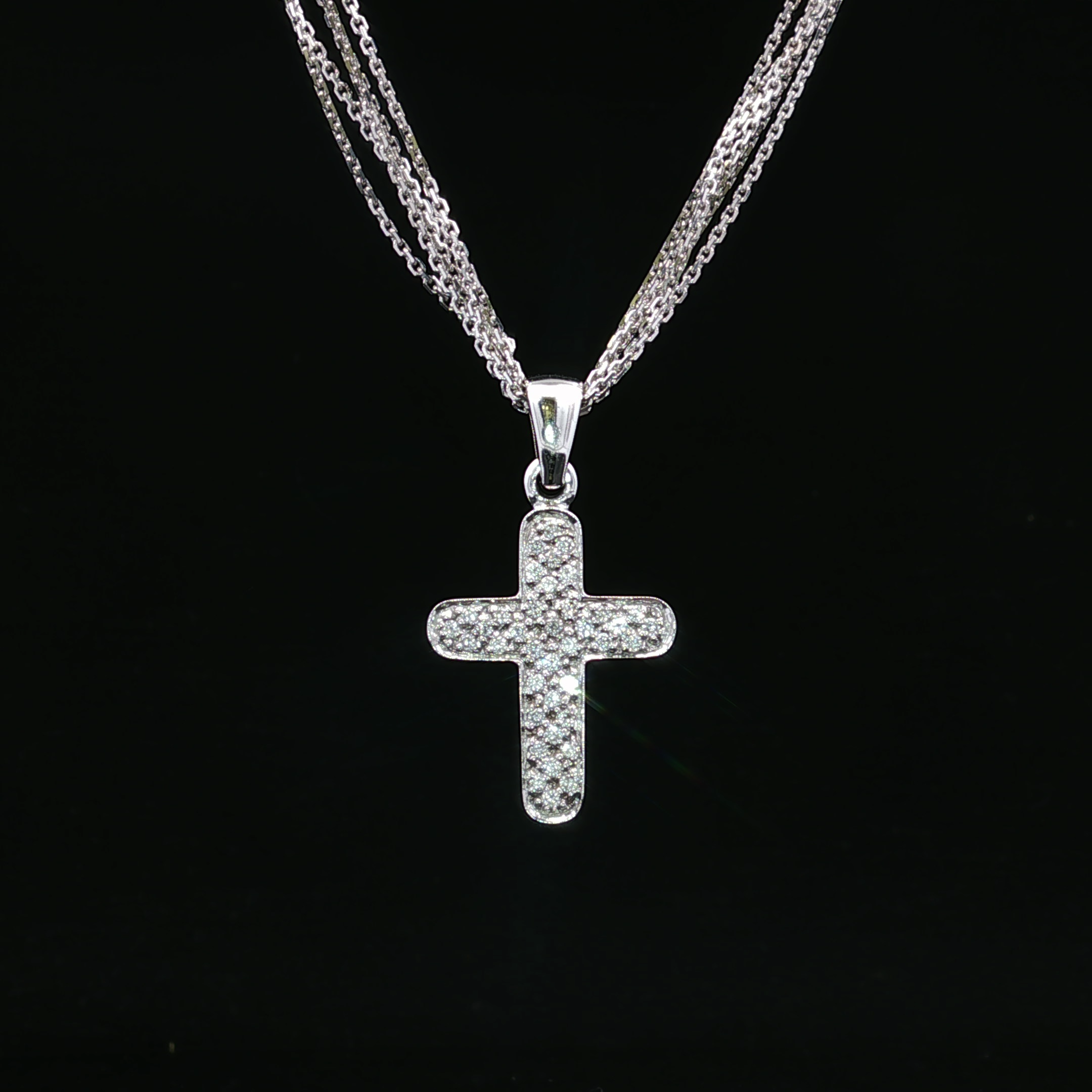 14K White Gold Triple Curb Chain Cross Necklace with Diamonds