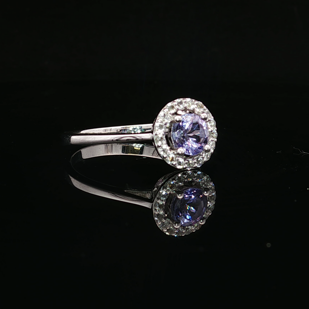 10K White Gold Halo Ring with Tanzanite and Diamonds