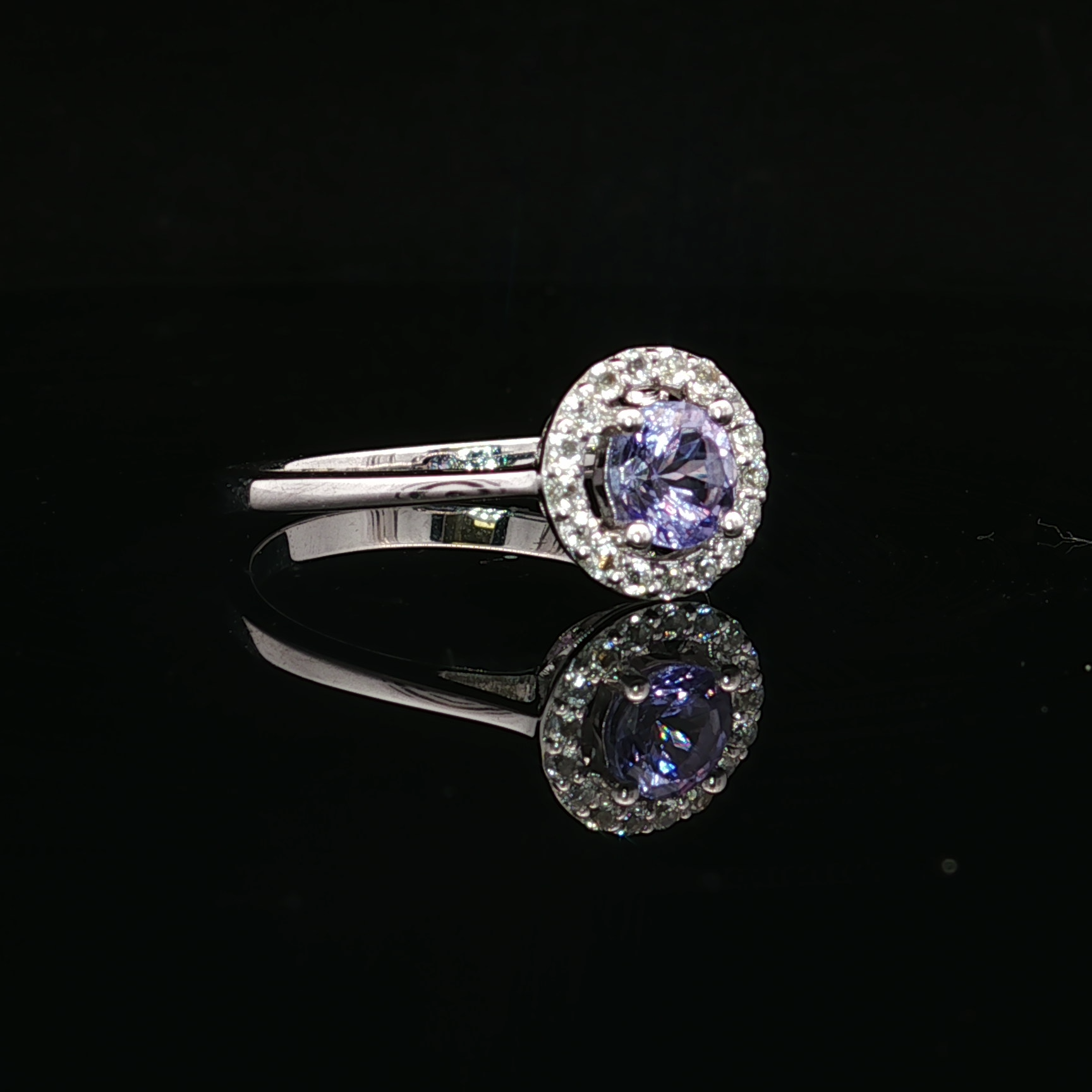 10K White Gold Halo Ring with Tanzanite and Diamonds