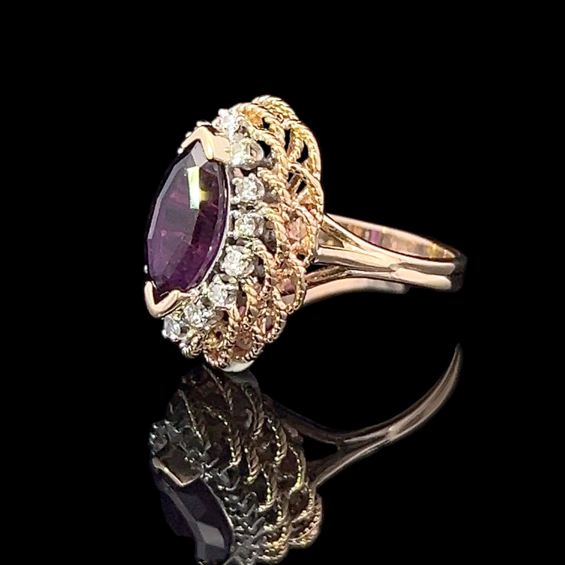Gold ring with a purple gemstone on a black background