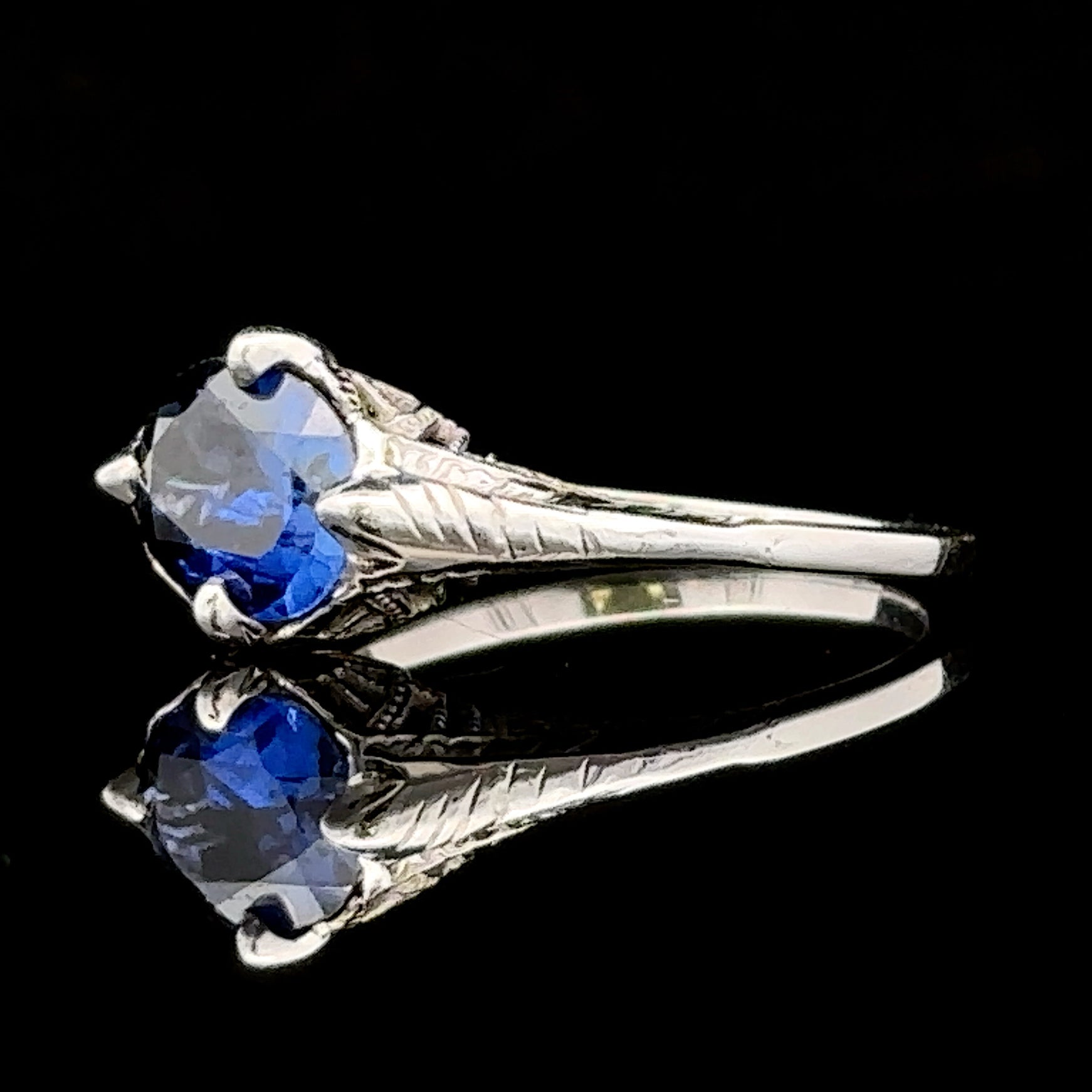 Elizabeth 10K White Gold Filigree Fashion Ring with Oval Lab-Created Blue Sapphire