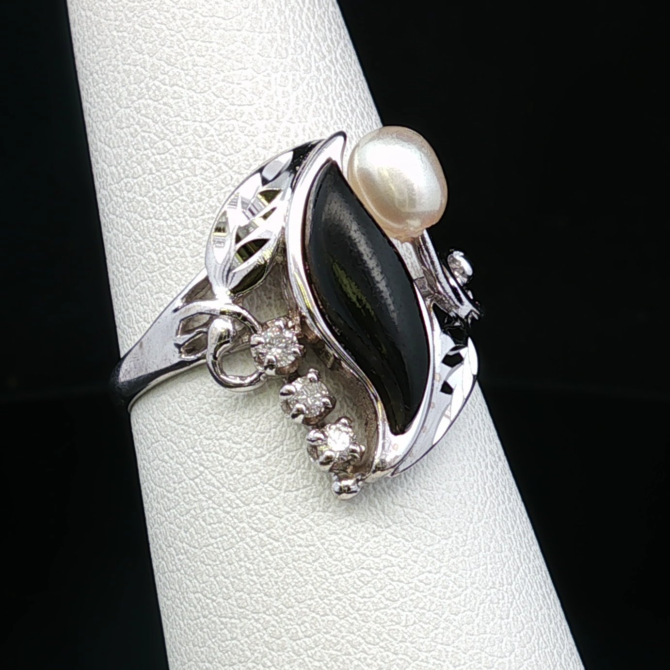 Rowena 14K White Gold Onyx Pearl Diamond Ring