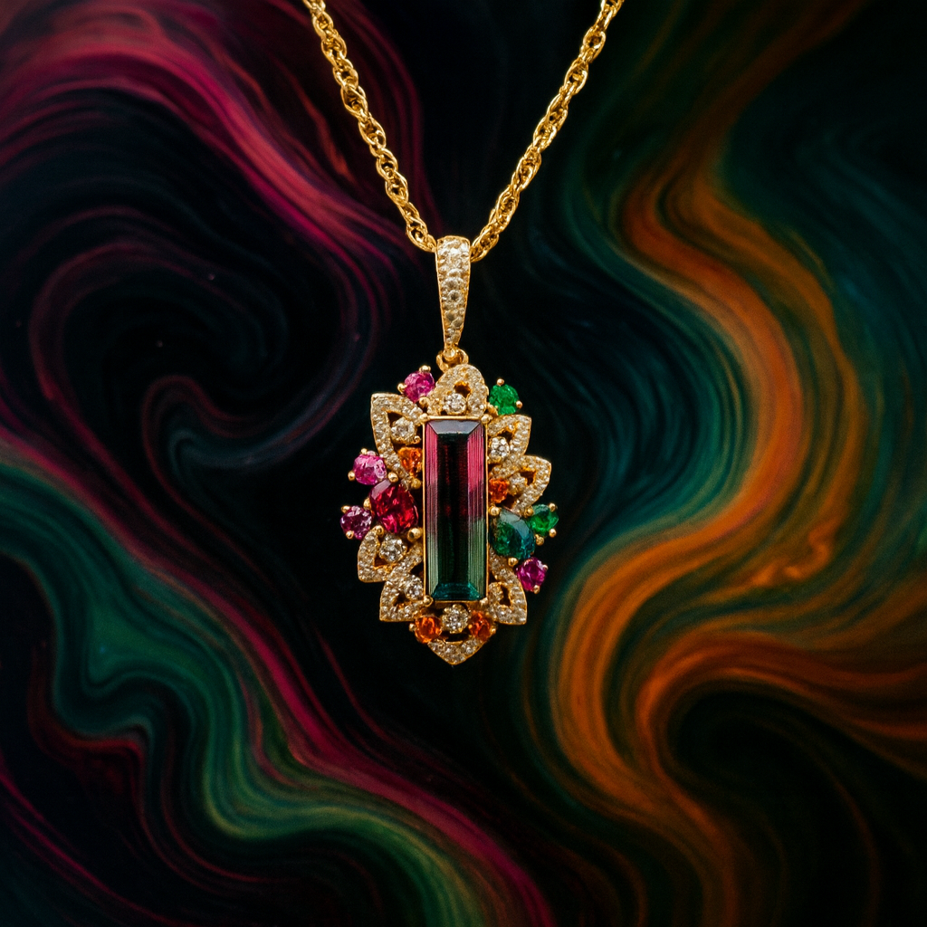 14K Watermelon Tourmaline and Diamond Pendant