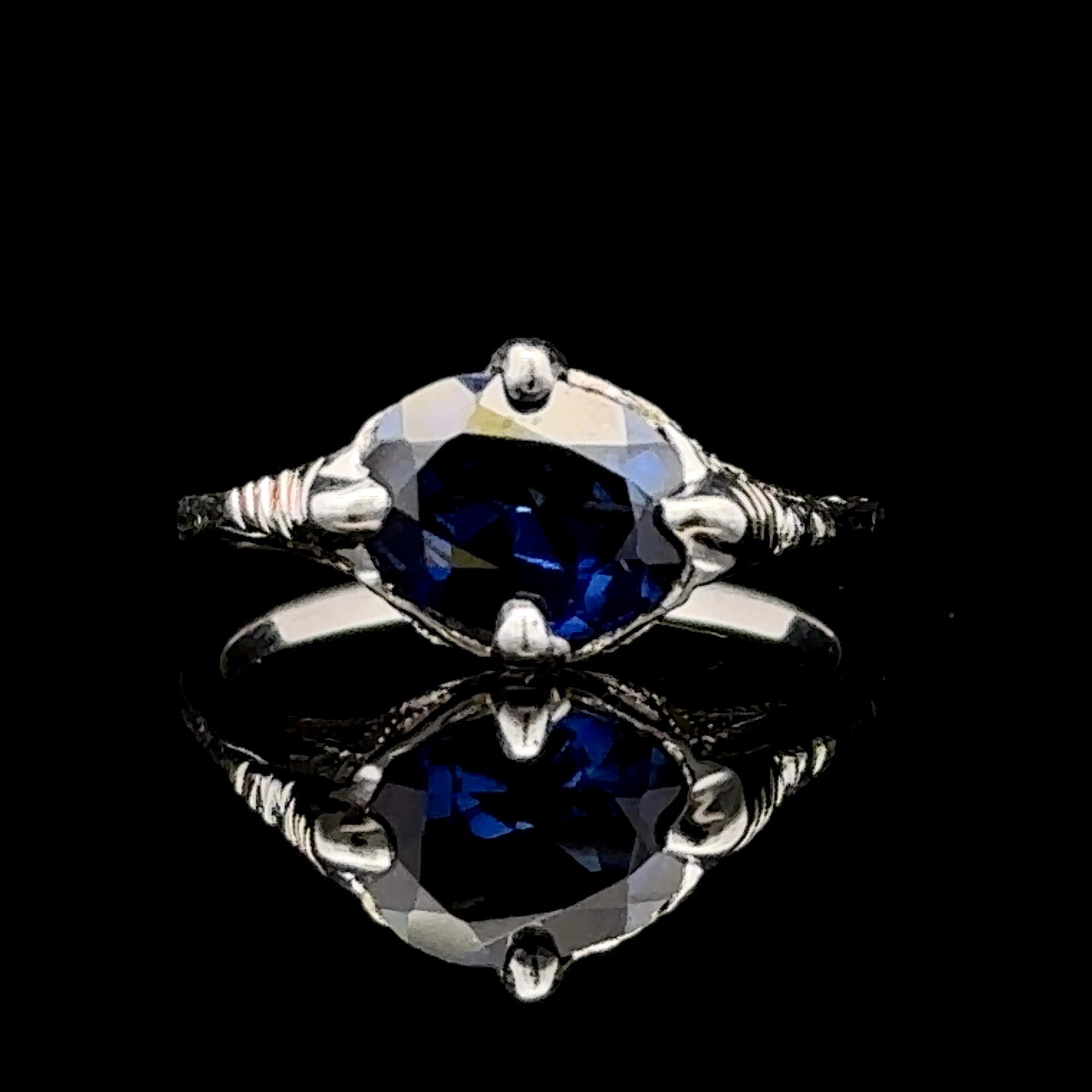 Elizabeth 10K White Gold Filigree Fashion Ring with Oval Lab-Created Blue Sapphire