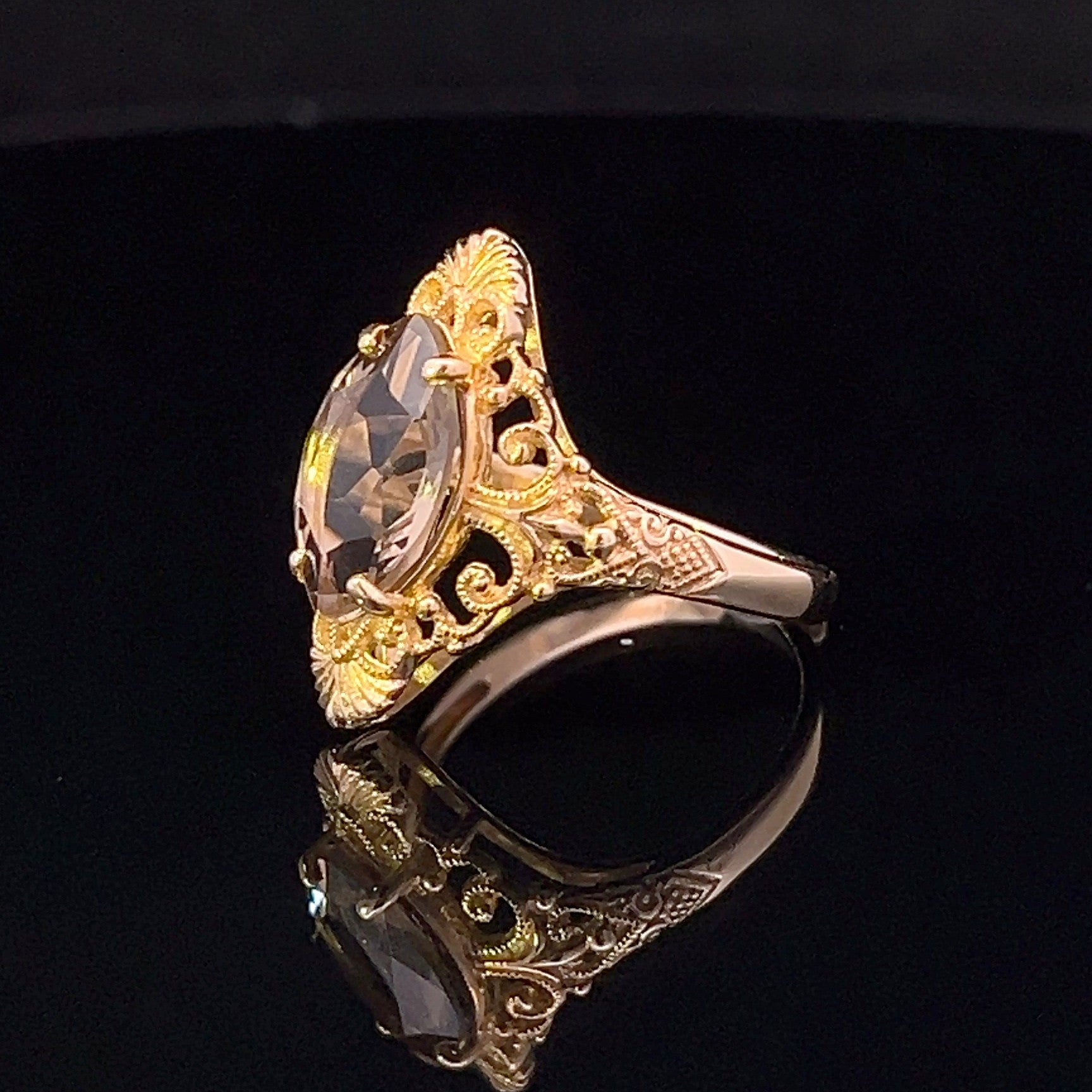 Erin 14KY 2.5CT Marquise Smoky Quartz Filigree Ring
