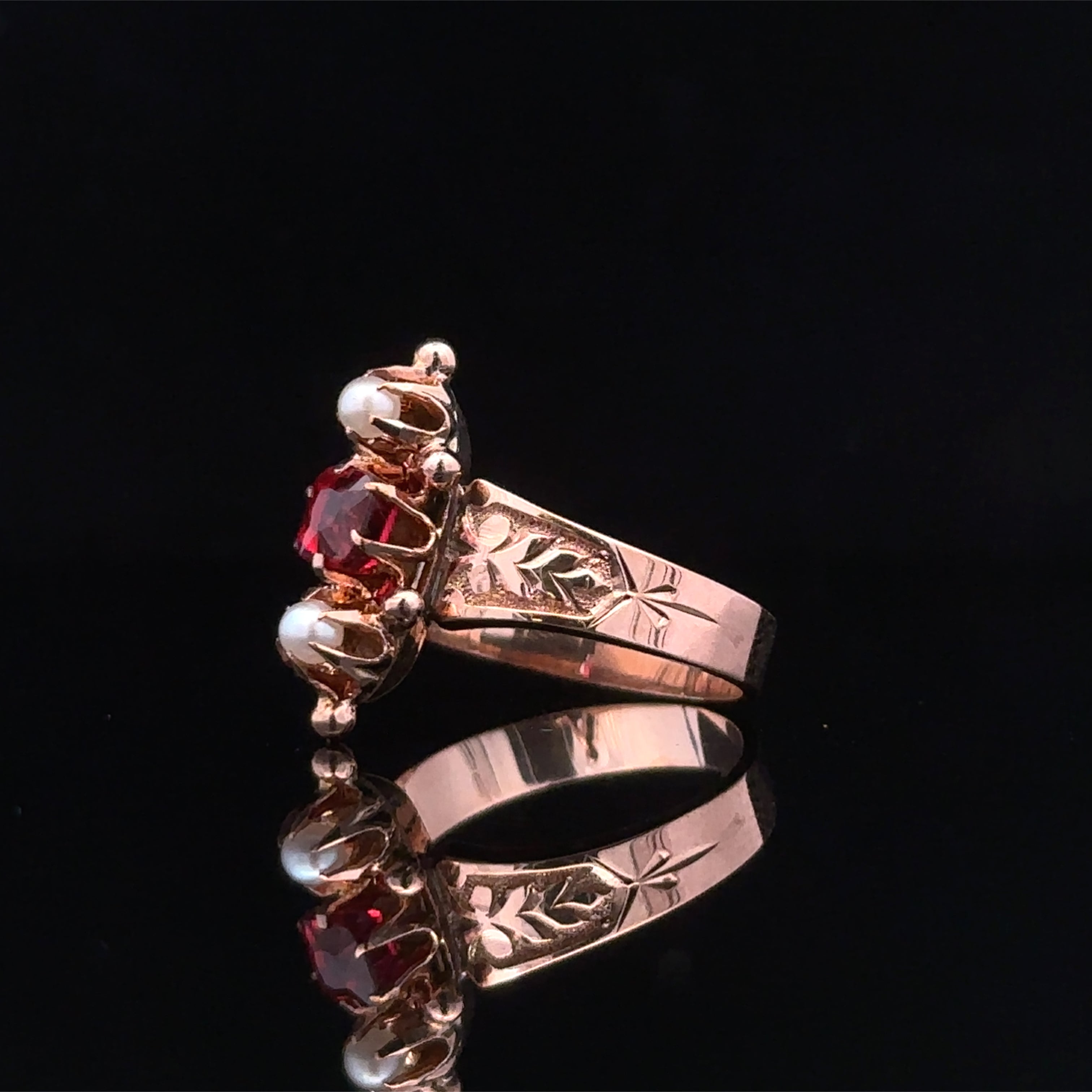 Jessie 10K Yellow Gold Synthetic Red Stone and Pearl Ring