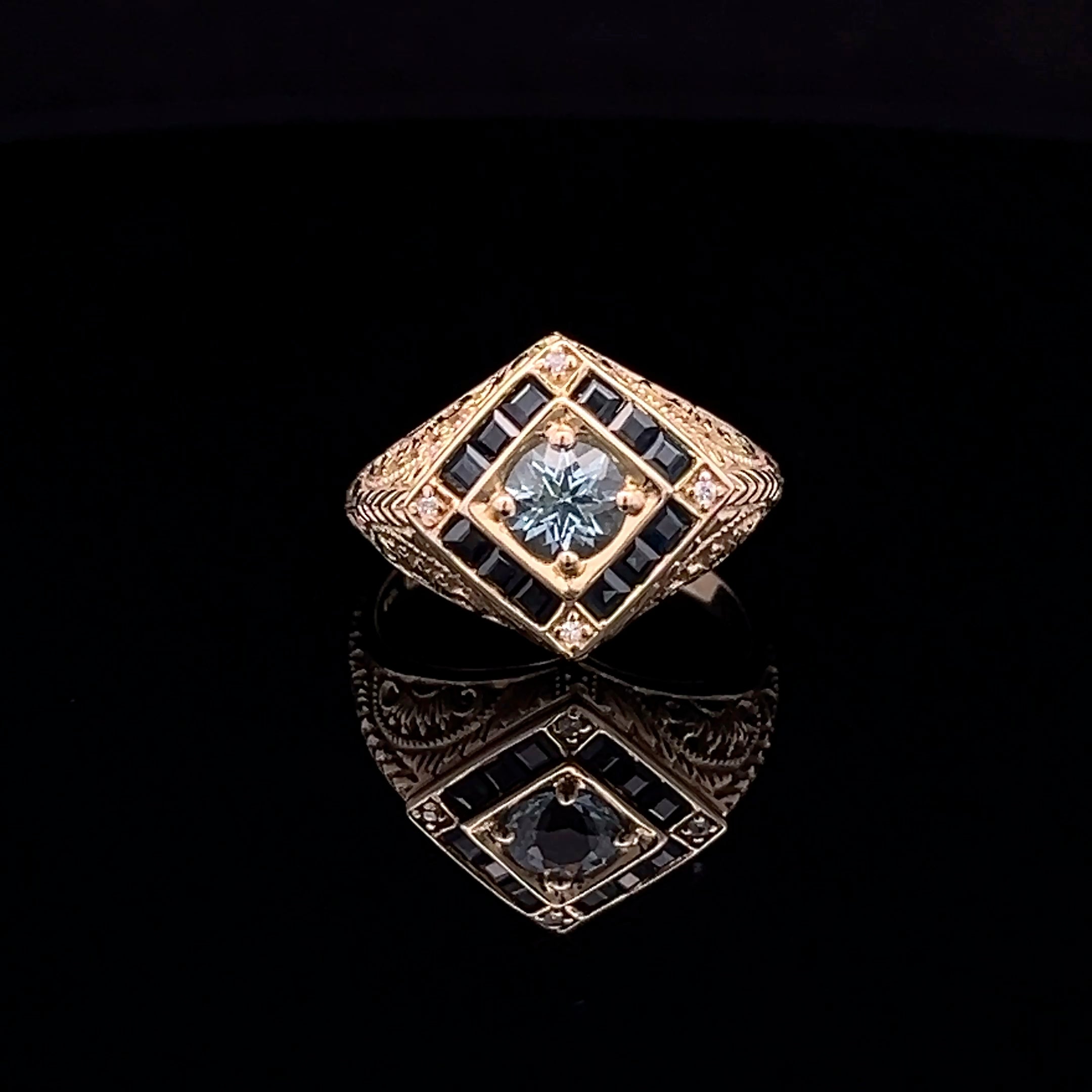 Mikayla 14KY Vintage Filigree Aquamarine, Sapphire and Diamond Ring