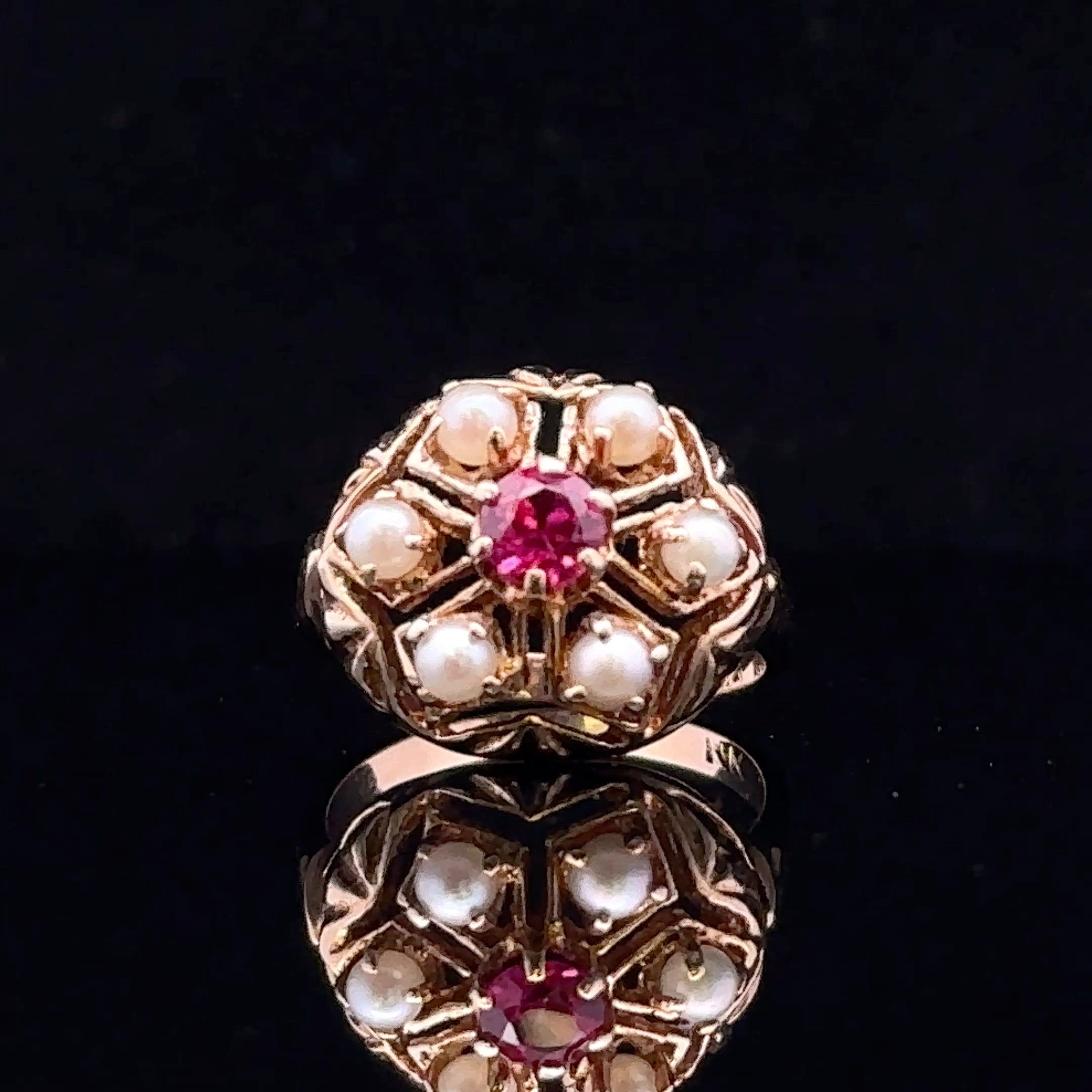 Paula 14K Yellow Gold Pearl Halo and Lab Ruby Stone Ring