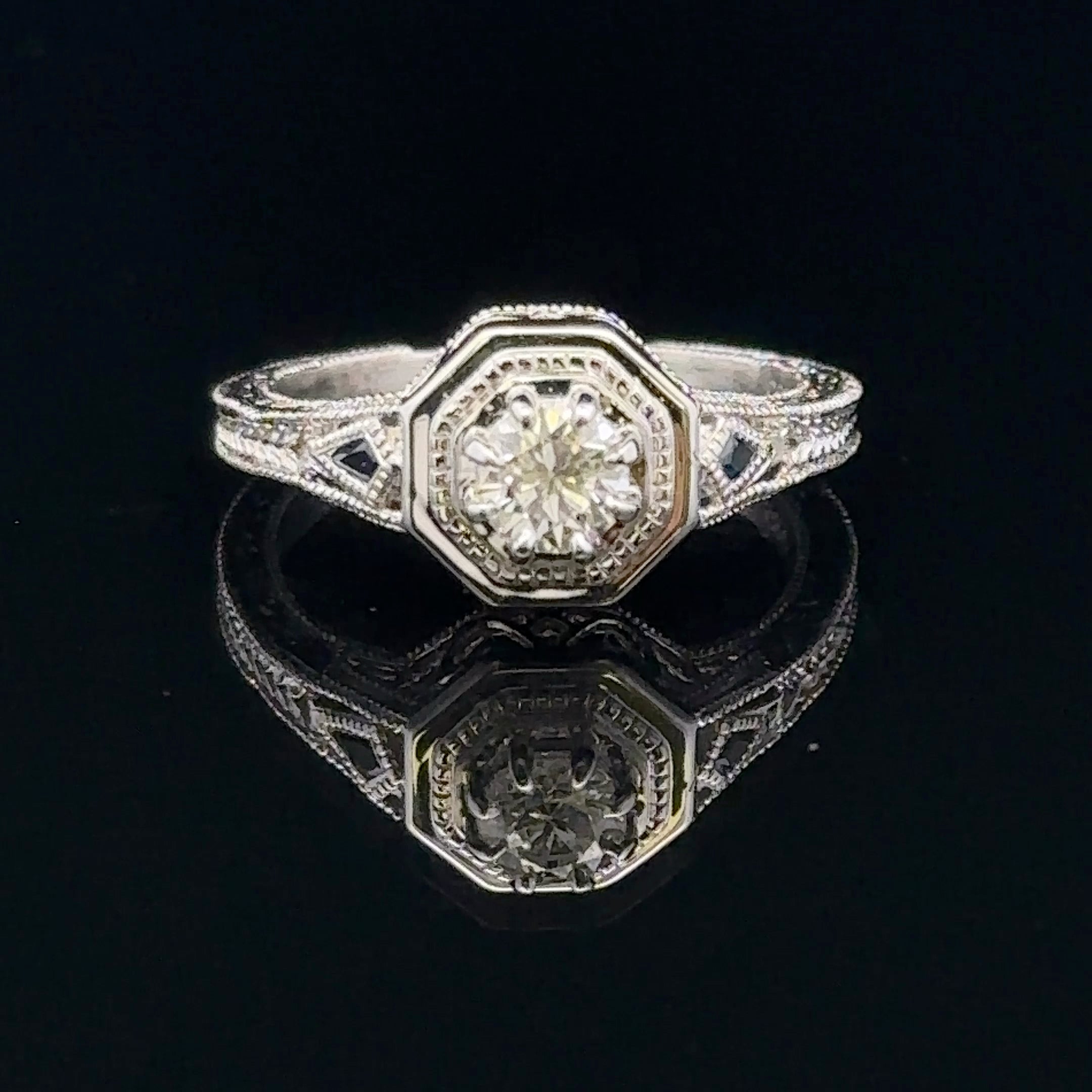 Estrella 14KW Sapphire & Diamond Vintage Style Engagement Ring