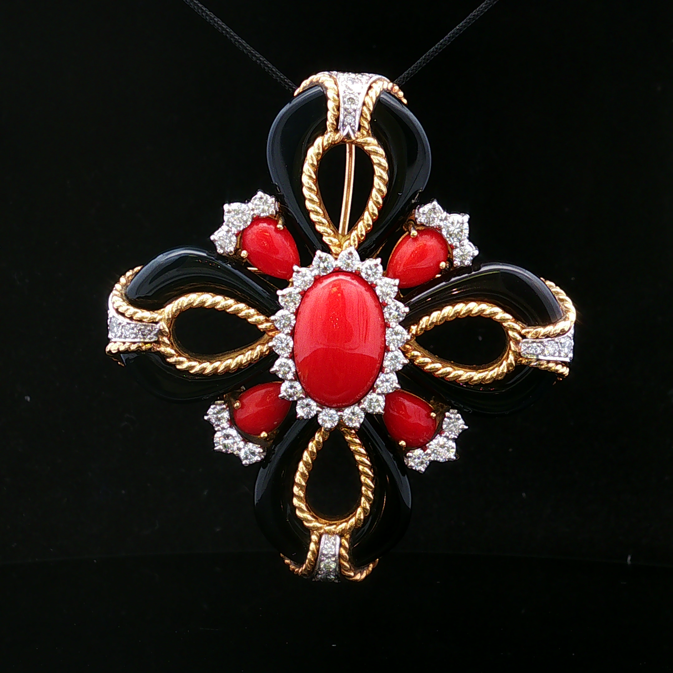 Fiorae 14K Two Tone Diamond, Onyx & Coral Pin Pendant