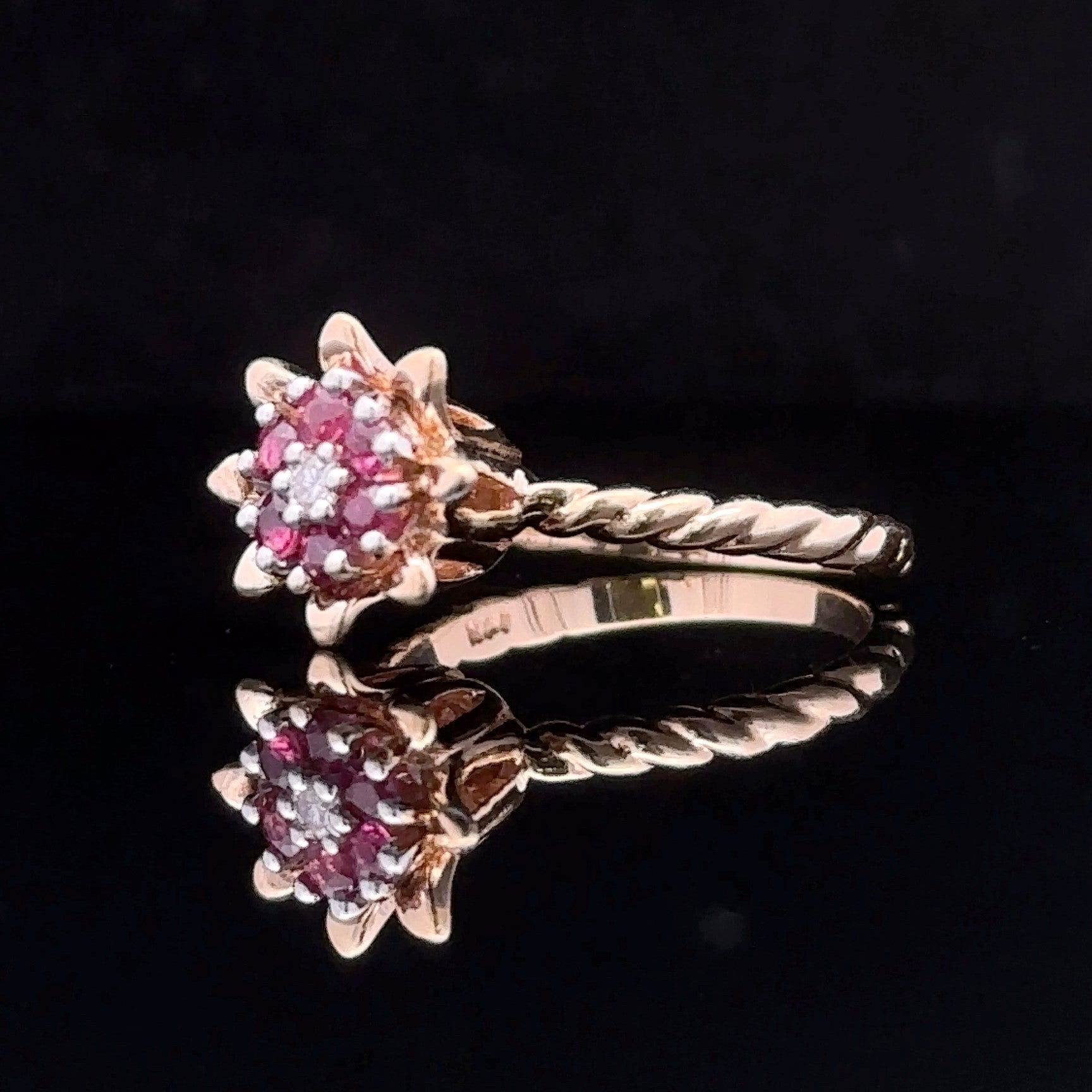 Penelope Yellow 14K Vintage Ring with Ruby and Diamond Flower Design