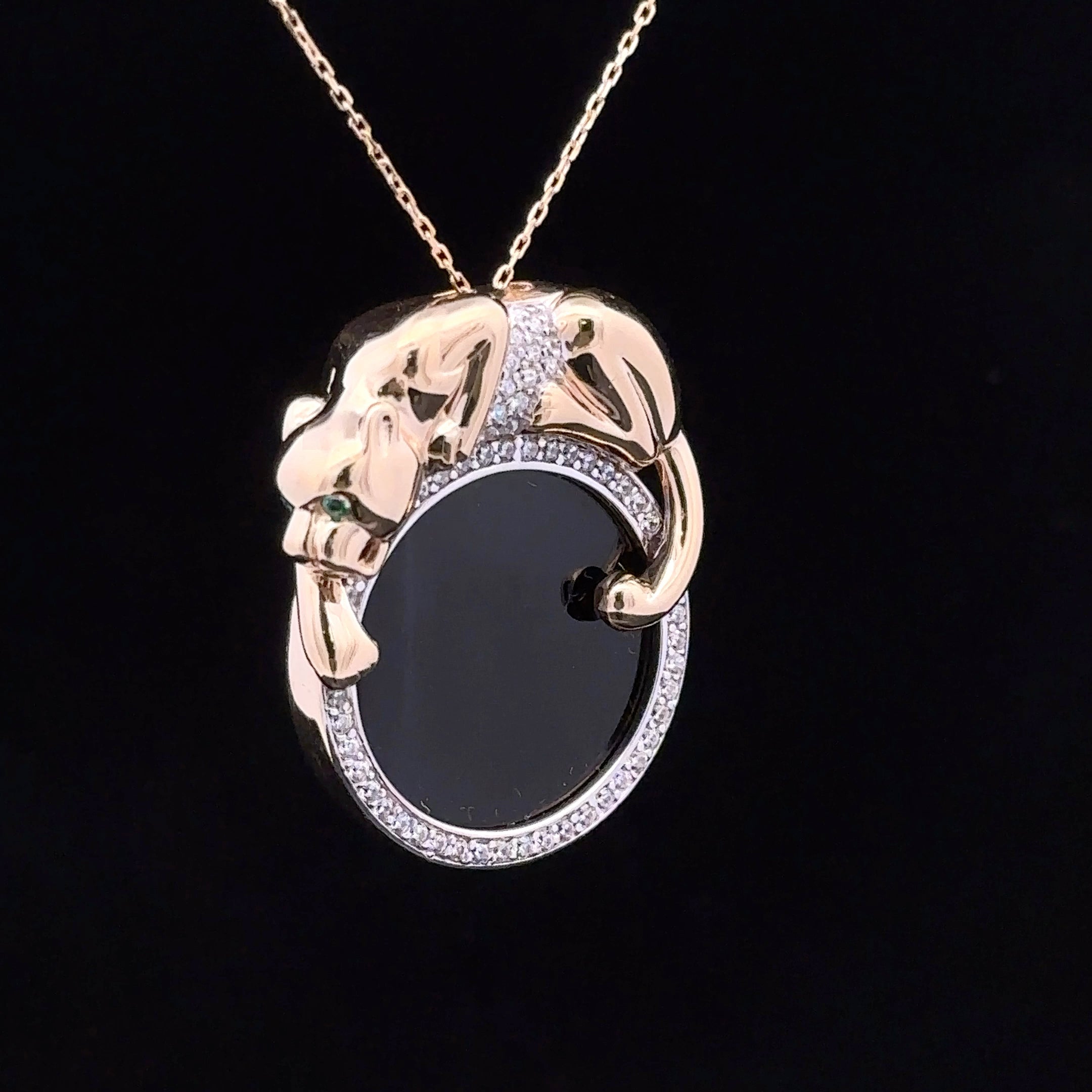14K Yellow Gold Jaguar Necklace with Onyx & Diamonds