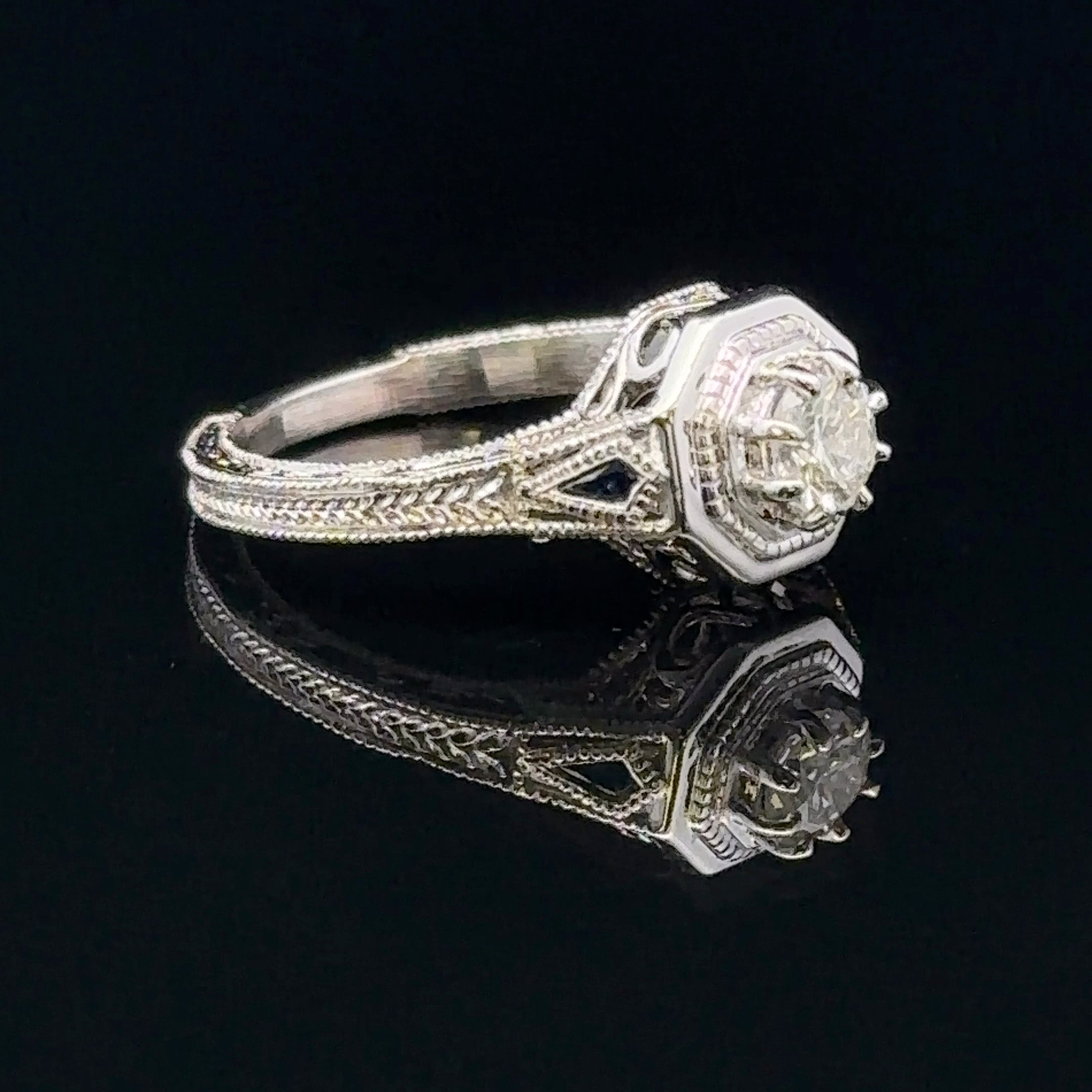 Estrella 14KW Sapphire & Diamond Vintage Style Engagement Ring