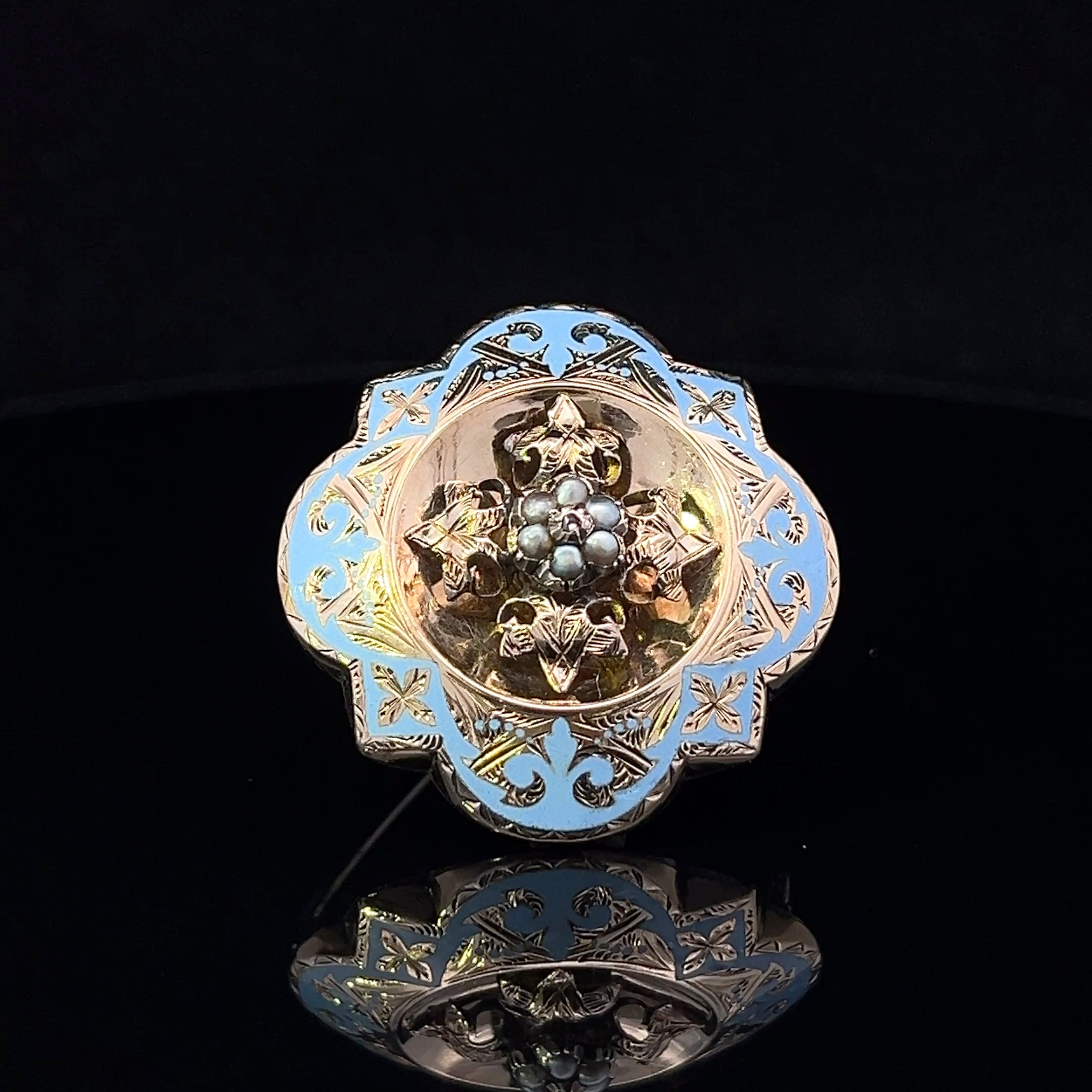 Bethany 10K Yellow Gold Victorian Mourning Pin with Blue Enamel, Seed Pearls & Diamond