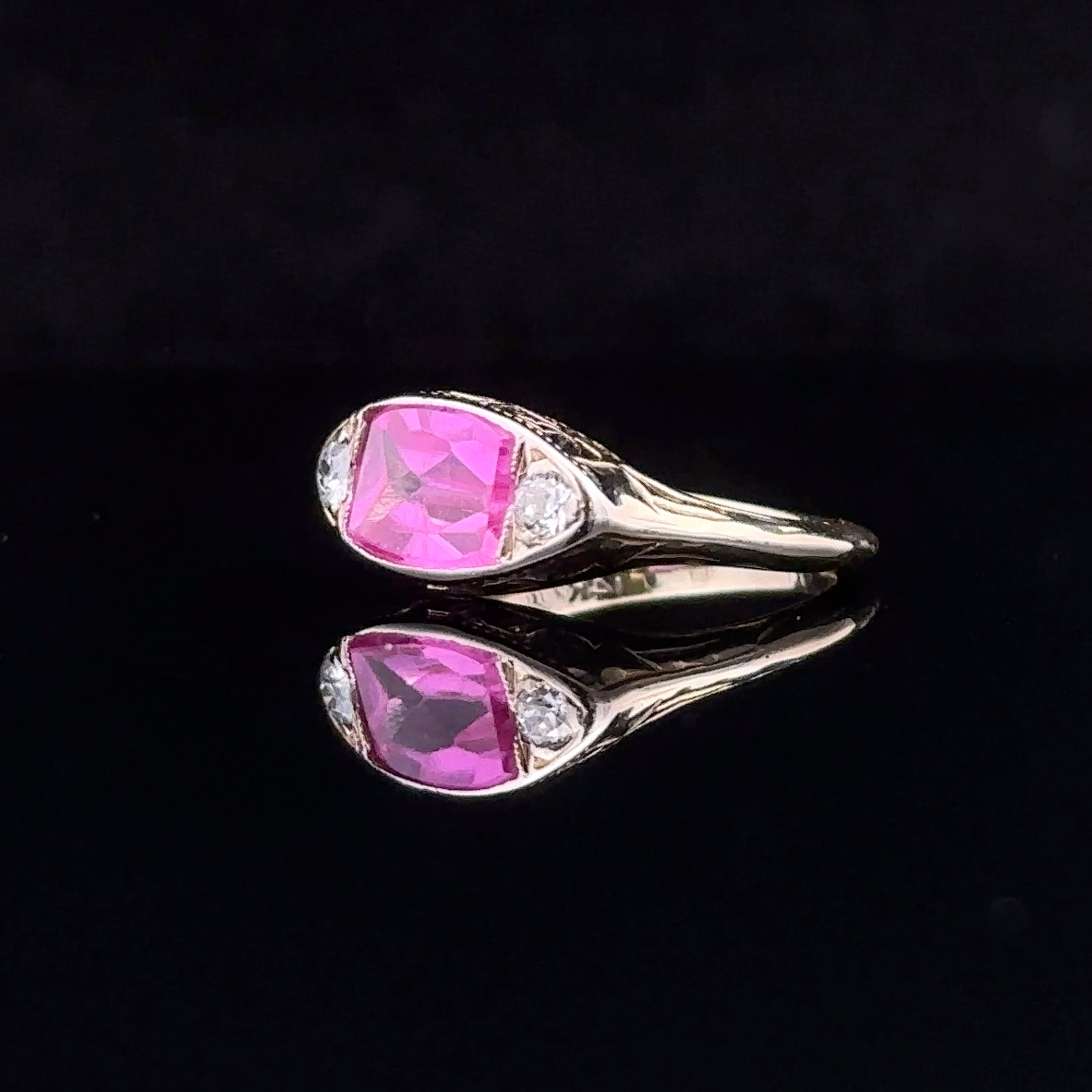 Bri 14K Yellow Gold Synthetic Pink Stone Ring with Side Diamonds