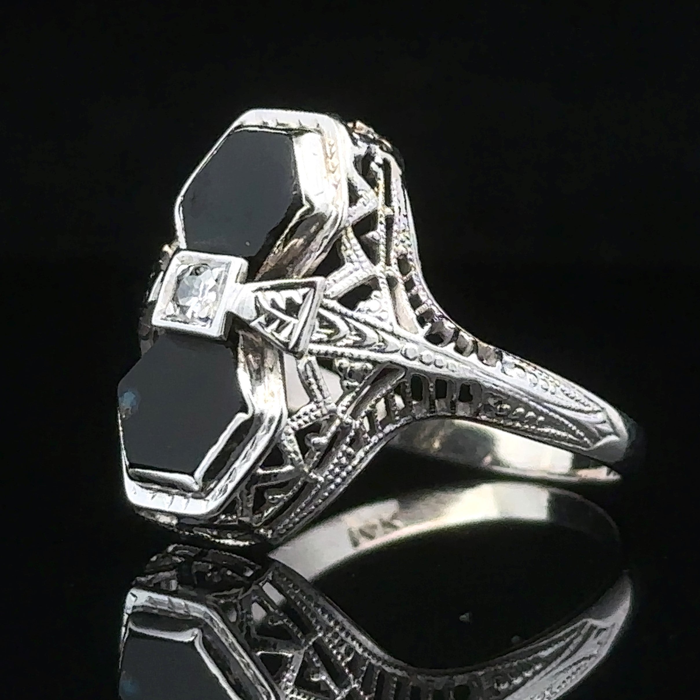 Scarlet White 14K Filigree Black Onyx & Diamond Ring