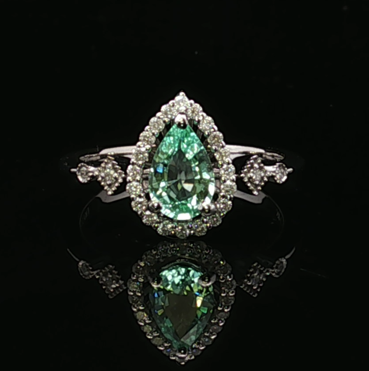Ivory 14K White Gold Pear Green Tourmaline & Diamond Halo Ring