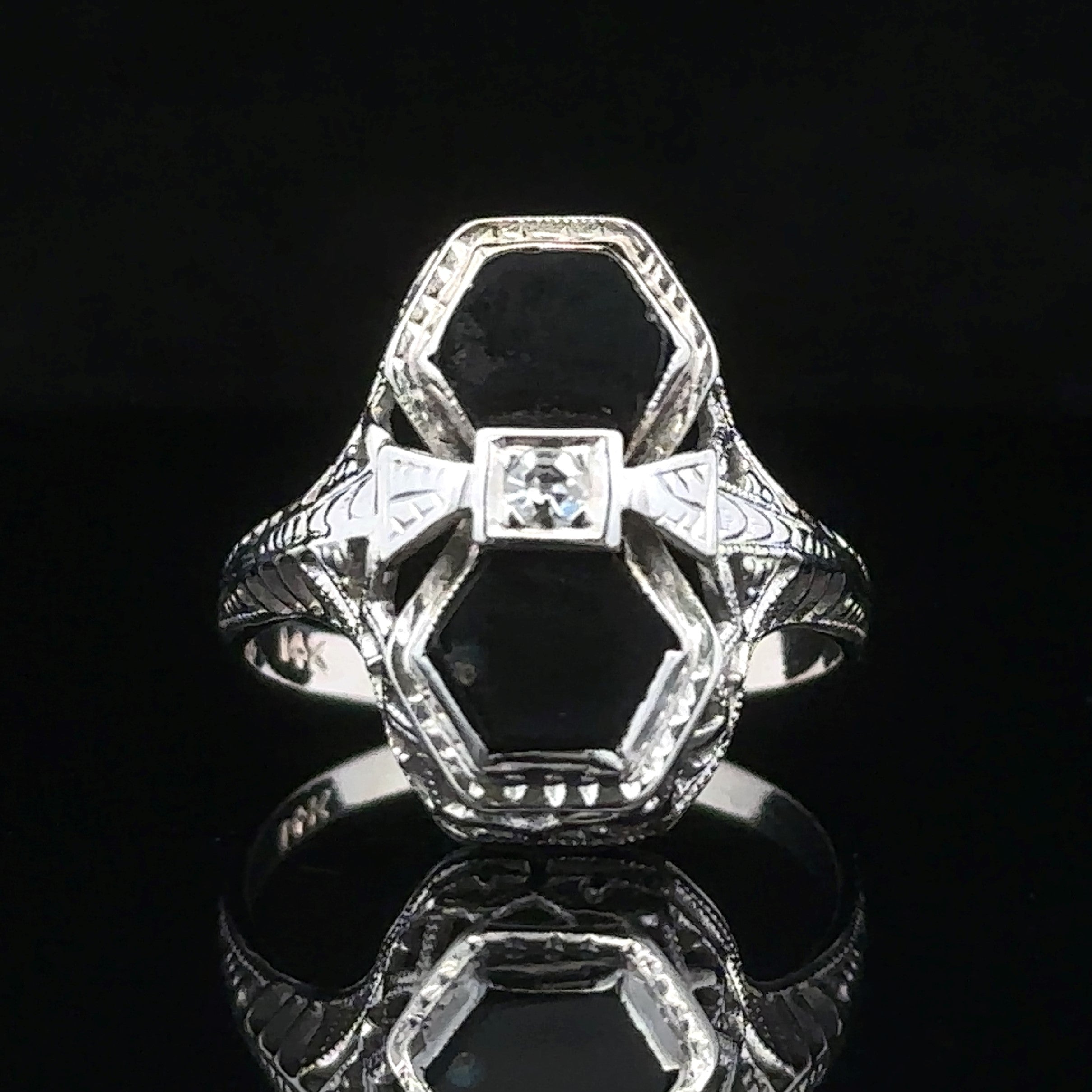 Scarlet White 14K Filigree Black Onyx & Diamond Ring