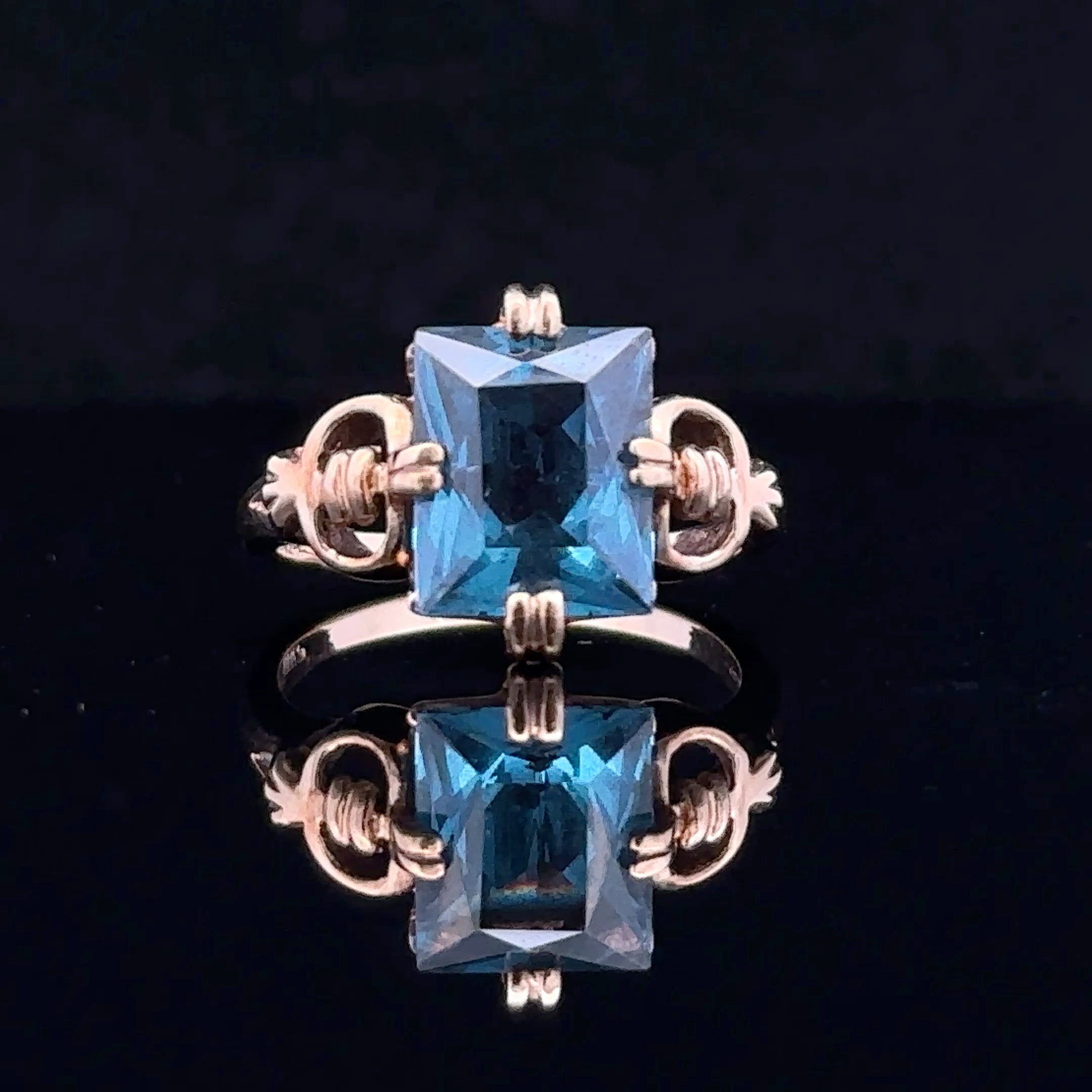 Rosie 10K White Gold Antique-Style Ring with Emerald-Cut Blue Synthetic Stone
