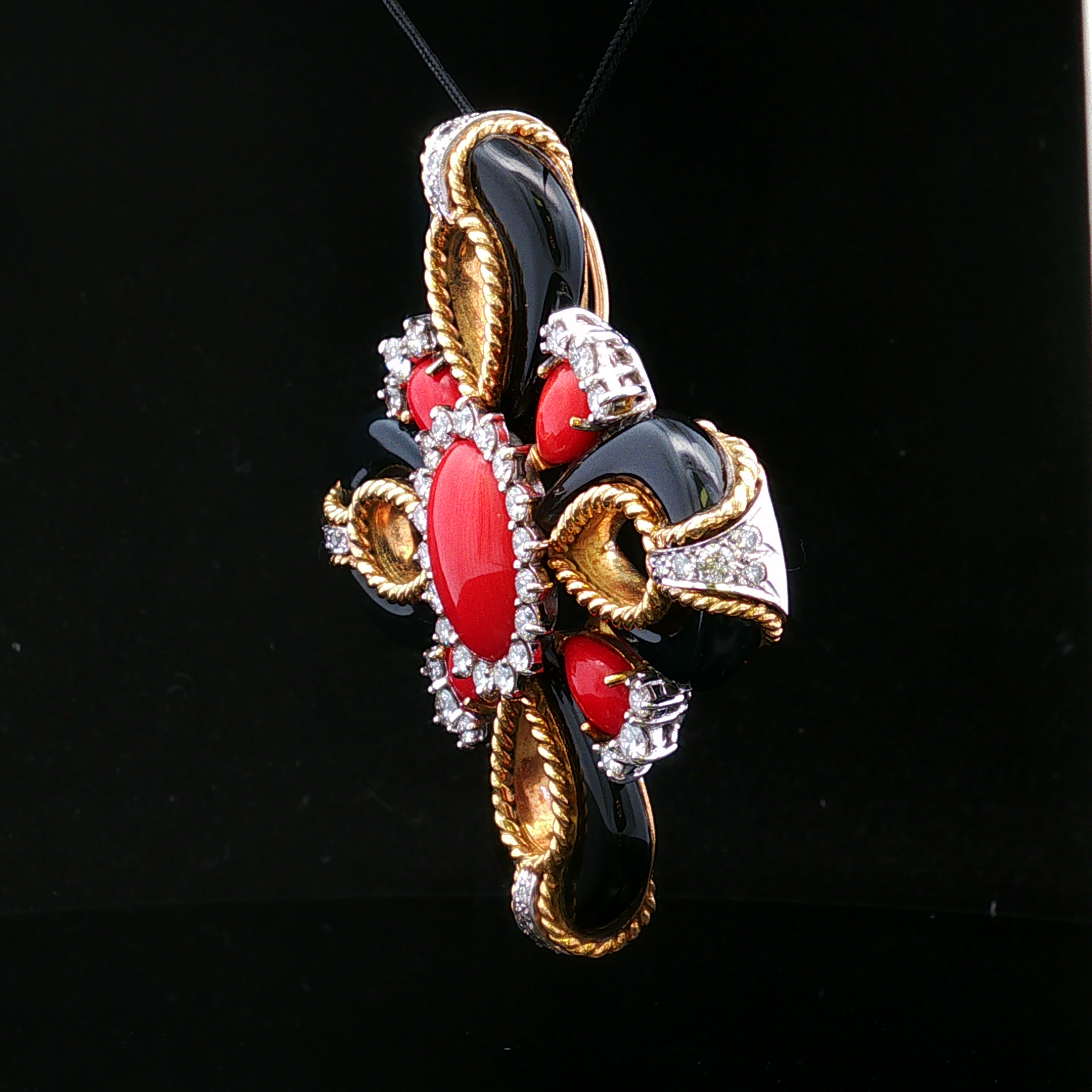 Fiorae 14K Two Tone Diamond, Onyx & Coral Pin Pendant