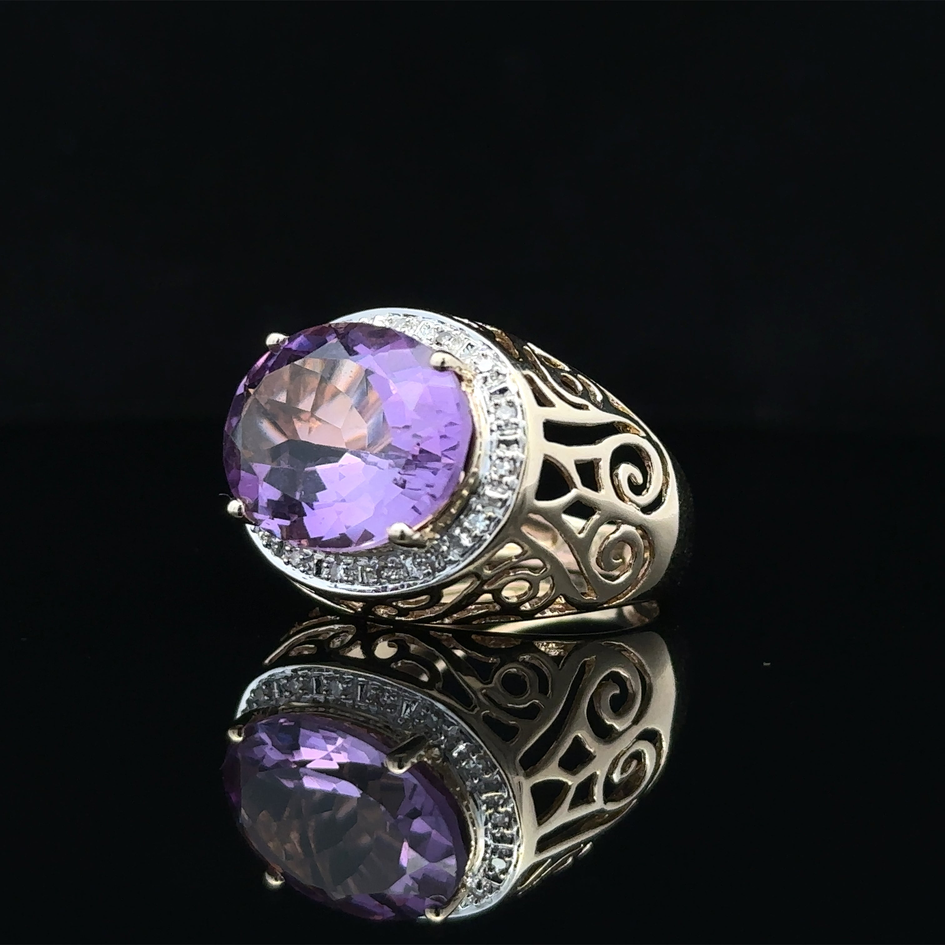 Jaycee Two-Tone 14K Filigree Vintage Ring with Amethyst and Diamonds