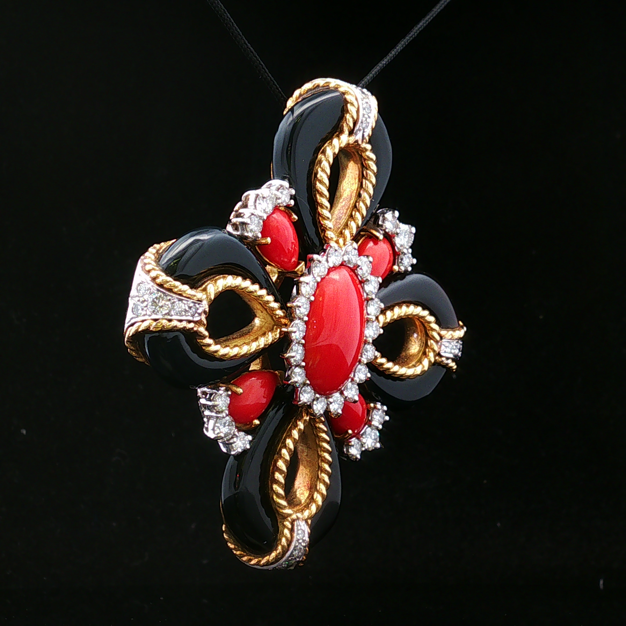 Fiorae 14K Two Tone Diamond, Onyx & Coral Pin Pendant
