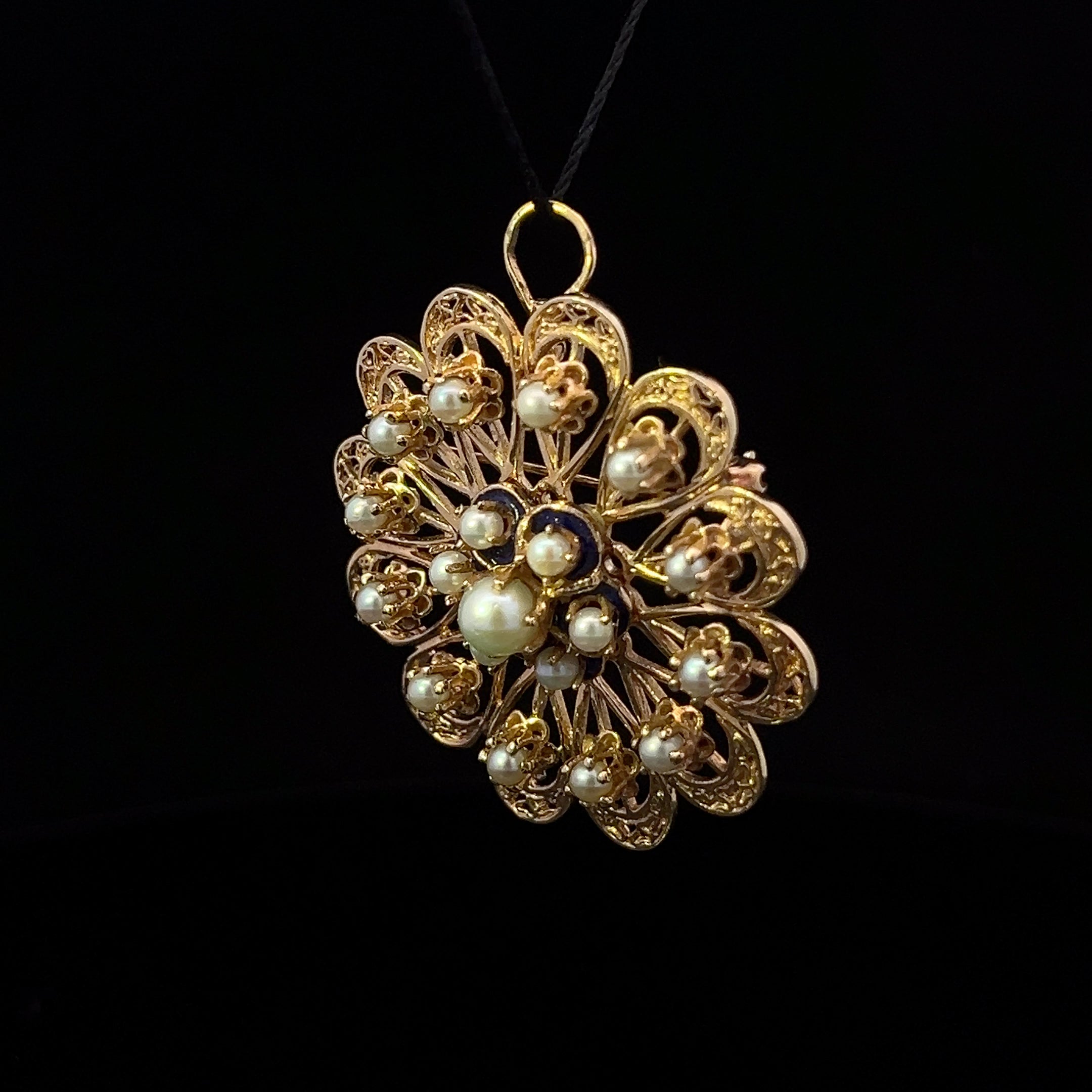 Kori 14K Yellow Gold Round Pearl Pin/Pendant with Blue Enamel
