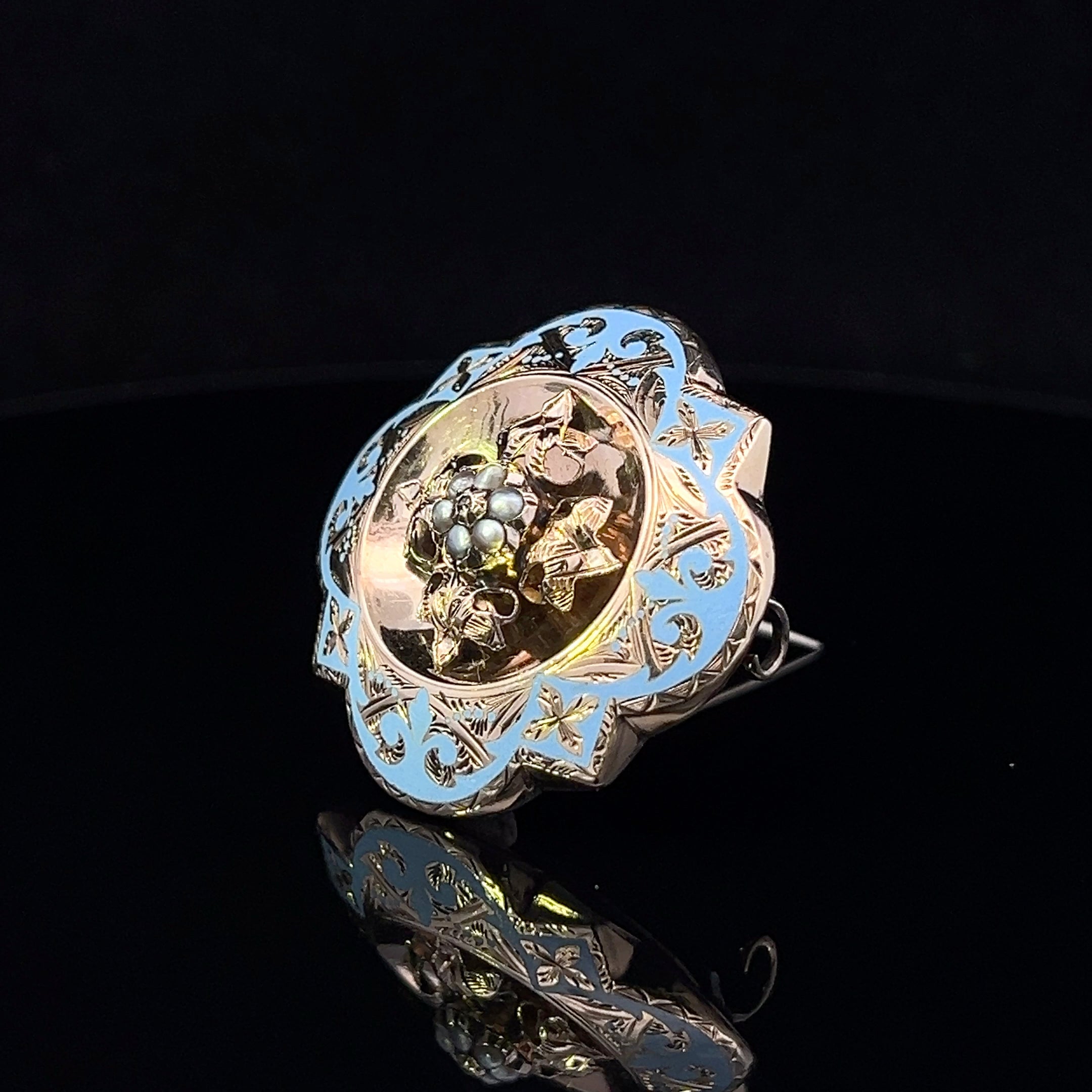 Bethany 10K Yellow Gold Victorian Mourning Pin with Blue Enamel, Seed Pearls & Diamond