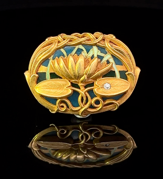 Myah 14KY Riker Bros. 1890s Art Nouveau Watch Pin Enamel