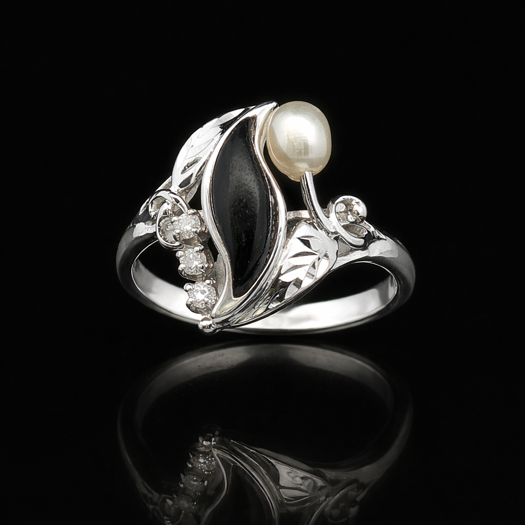 Rowena 14K White Gold Onyx Pearl Diamond Ring