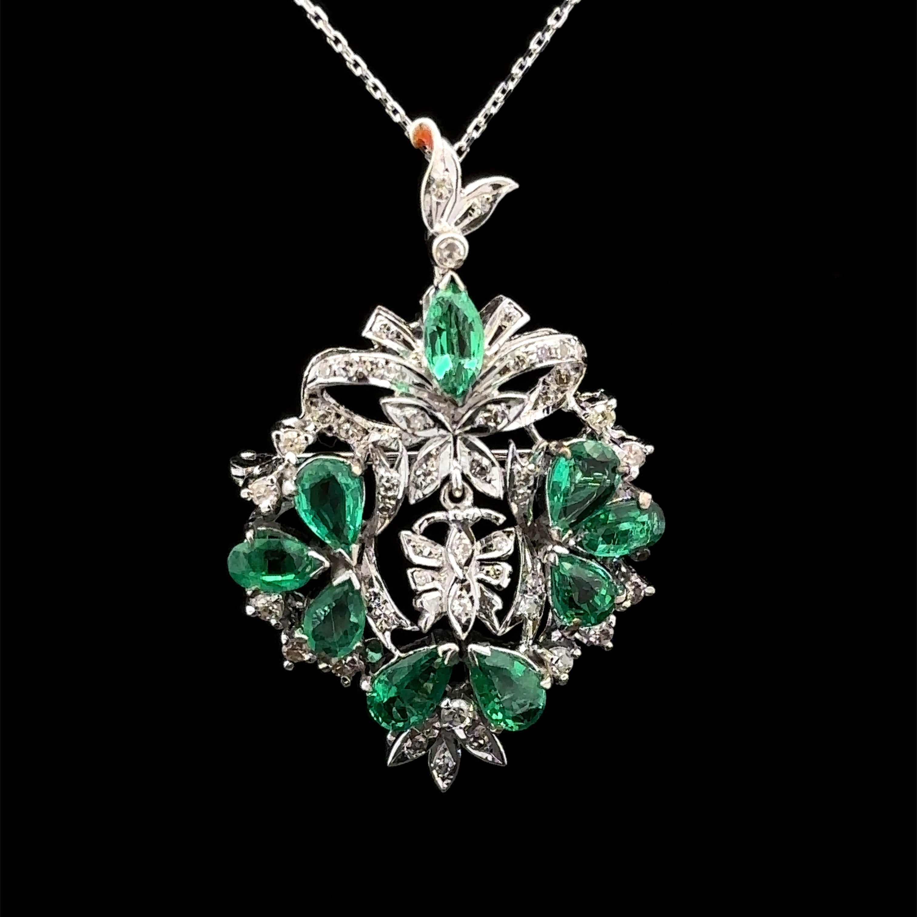 Beatrice Lady's White 14K Cluster Pendant with Diamonds & Emeralds
