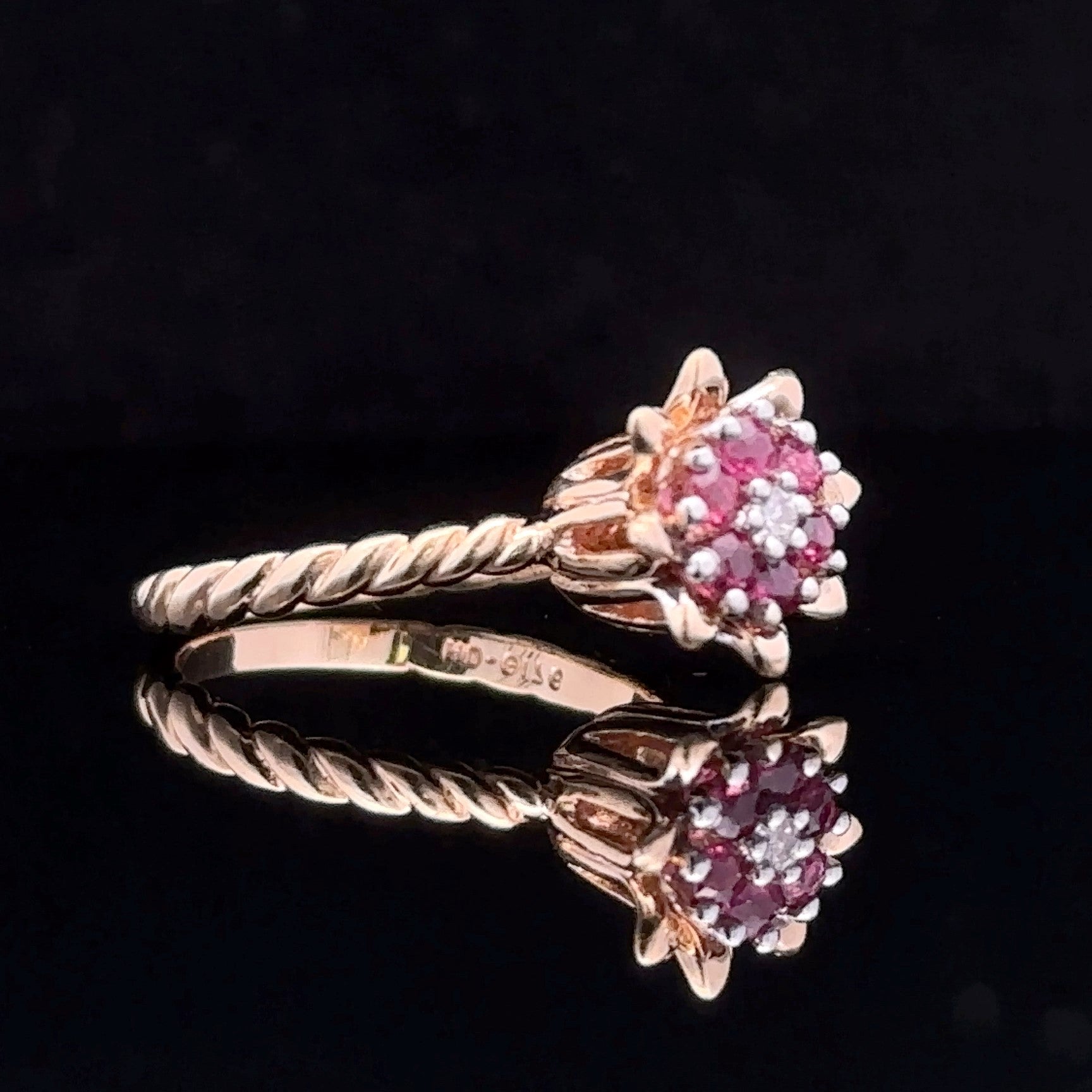 Penelope Yellow 14K Vintage Ring with Ruby and Diamond Flower Design