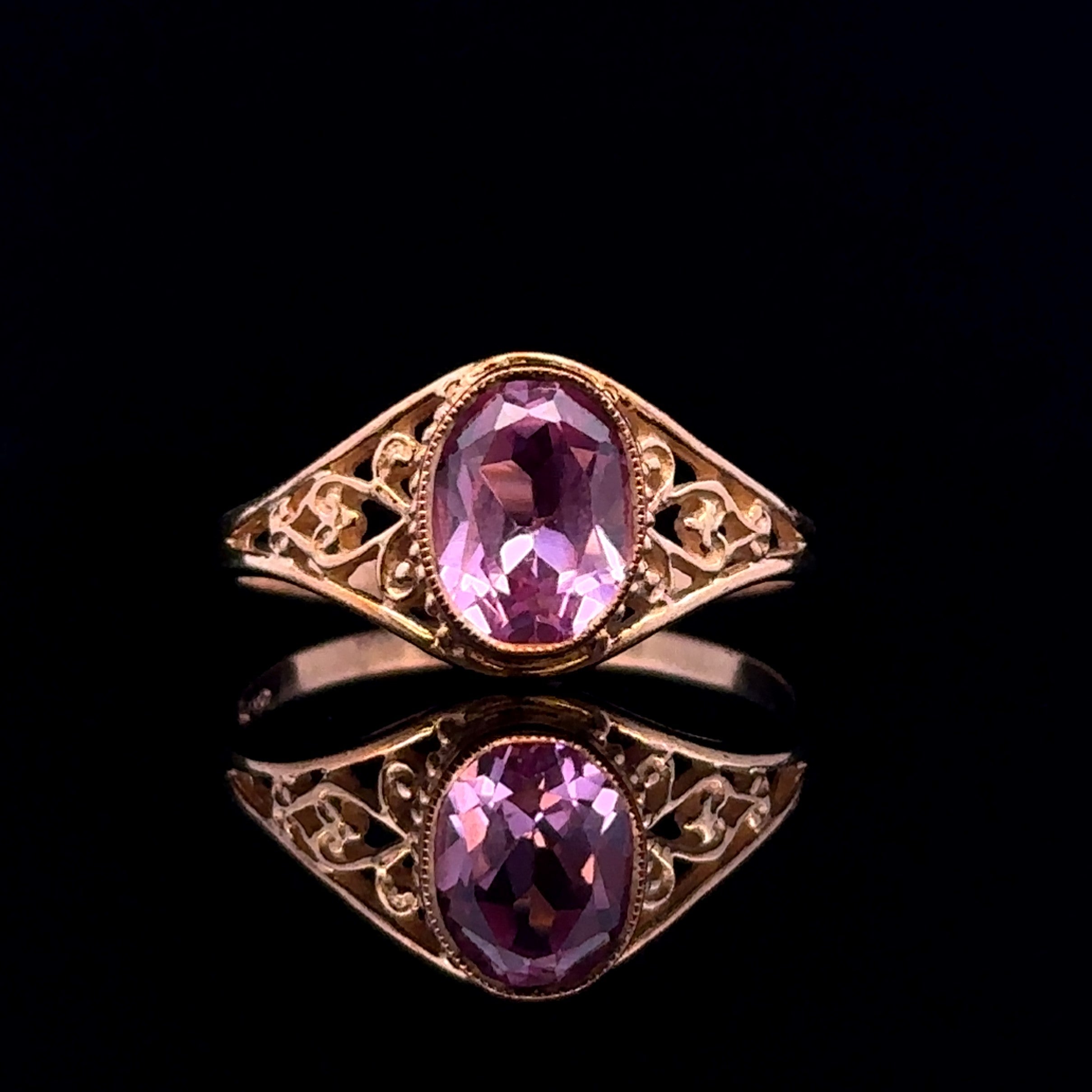 Elora 10K Yellow Gold Synthetic Pink Sapphire Ring with Scroll Design