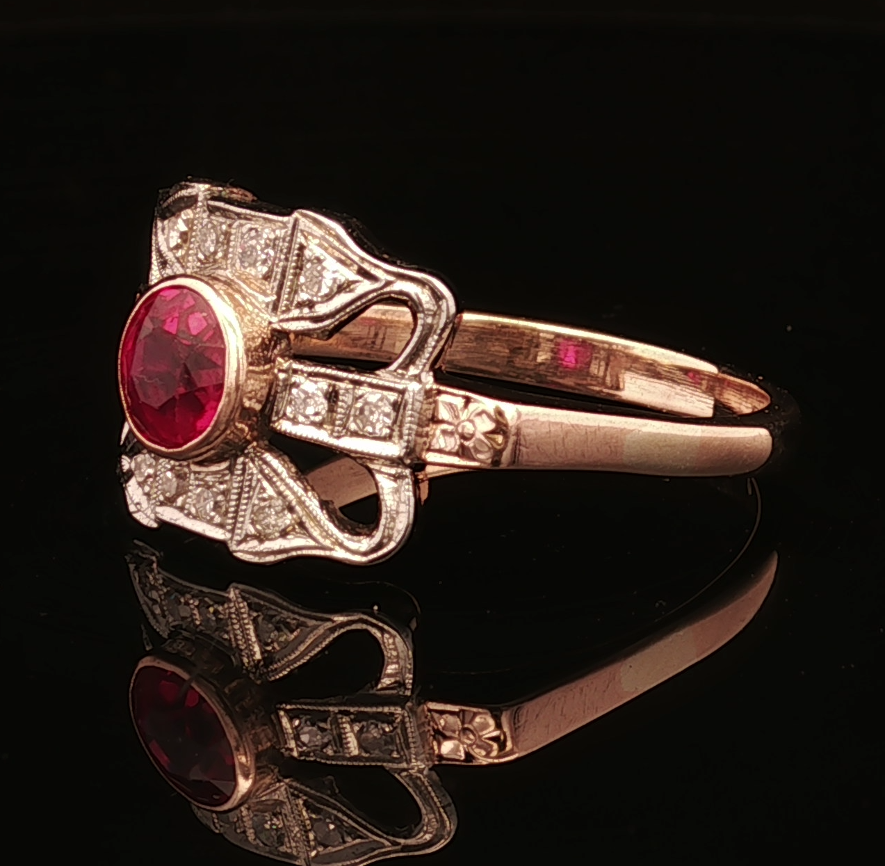 Celine 10K Two Tone Synthetic Ruby & .18CTW Diamond Estate Ring