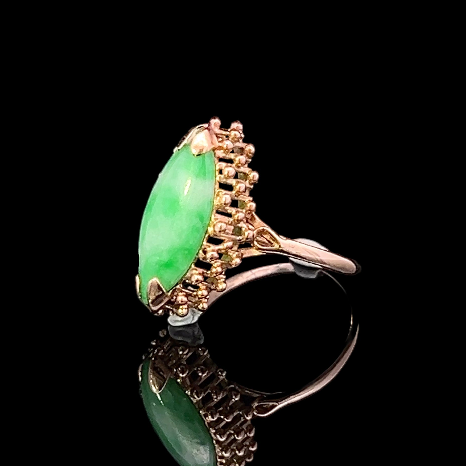 Yellow 14 Karat Antique Jade Fashion Ring with Openwork Base