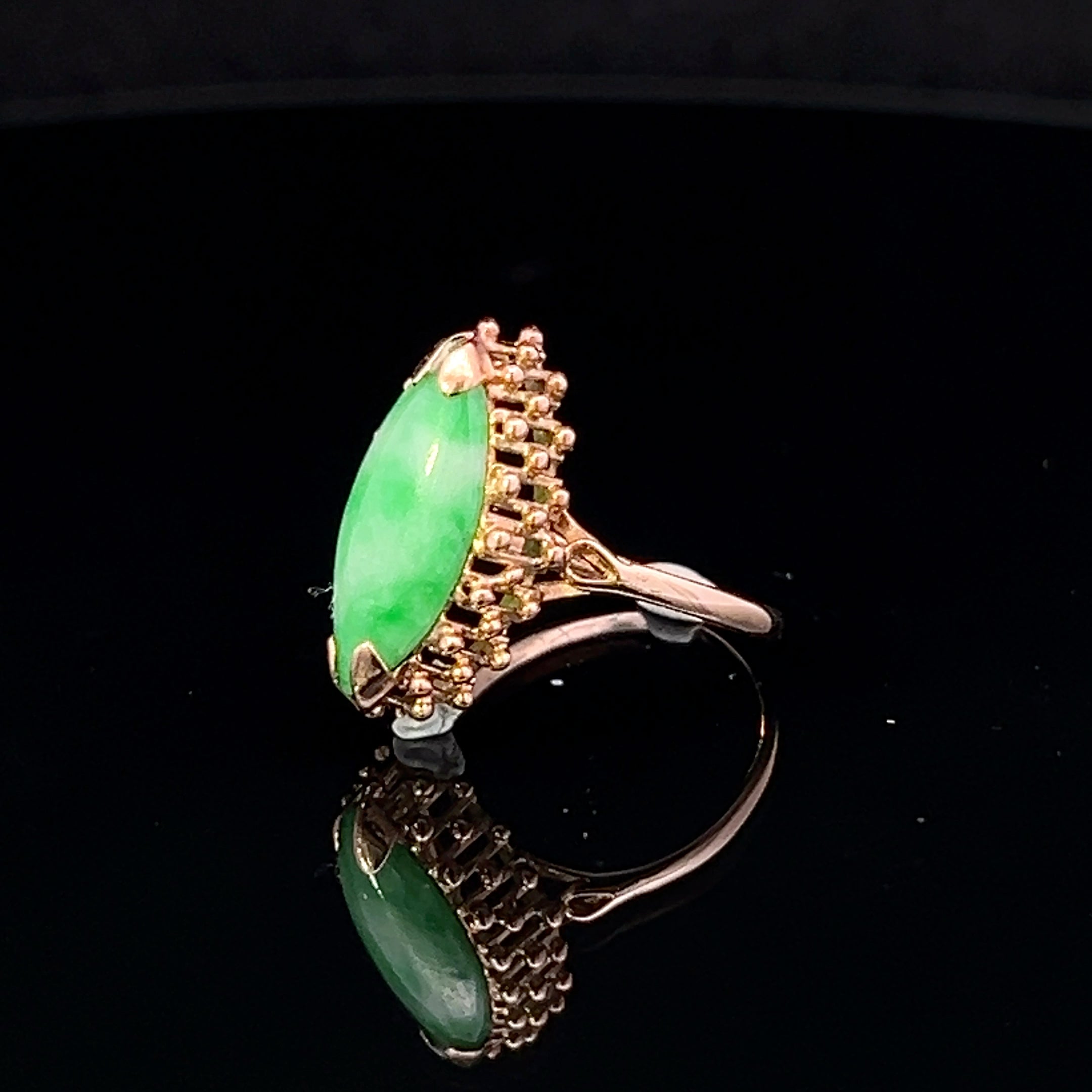 Yellow 14 Karat Vintage Jade Fashion Ring with Openwork Base