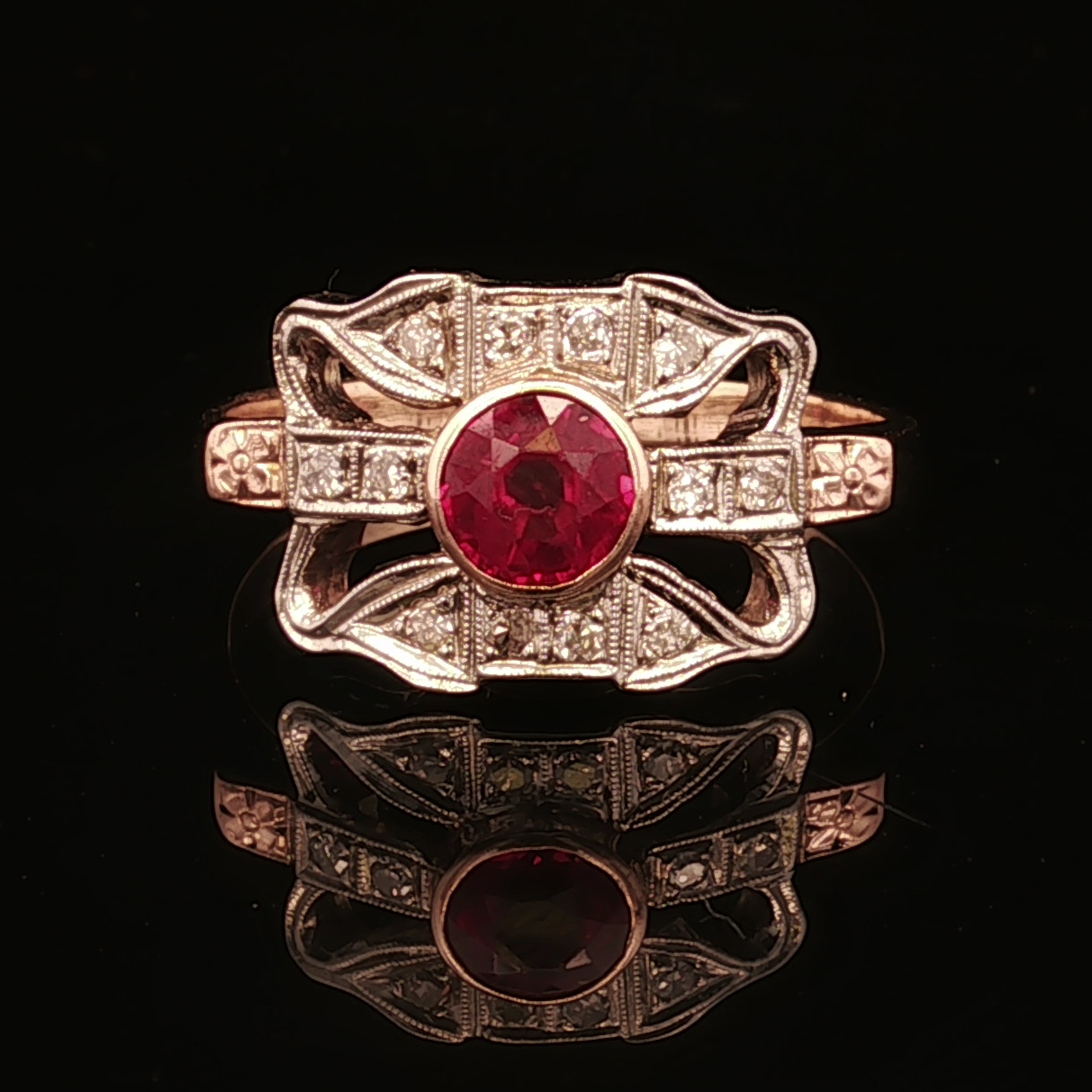 Celine 10K Two Tone Synthetic Ruby & .18CTW Diamond Estate Ring