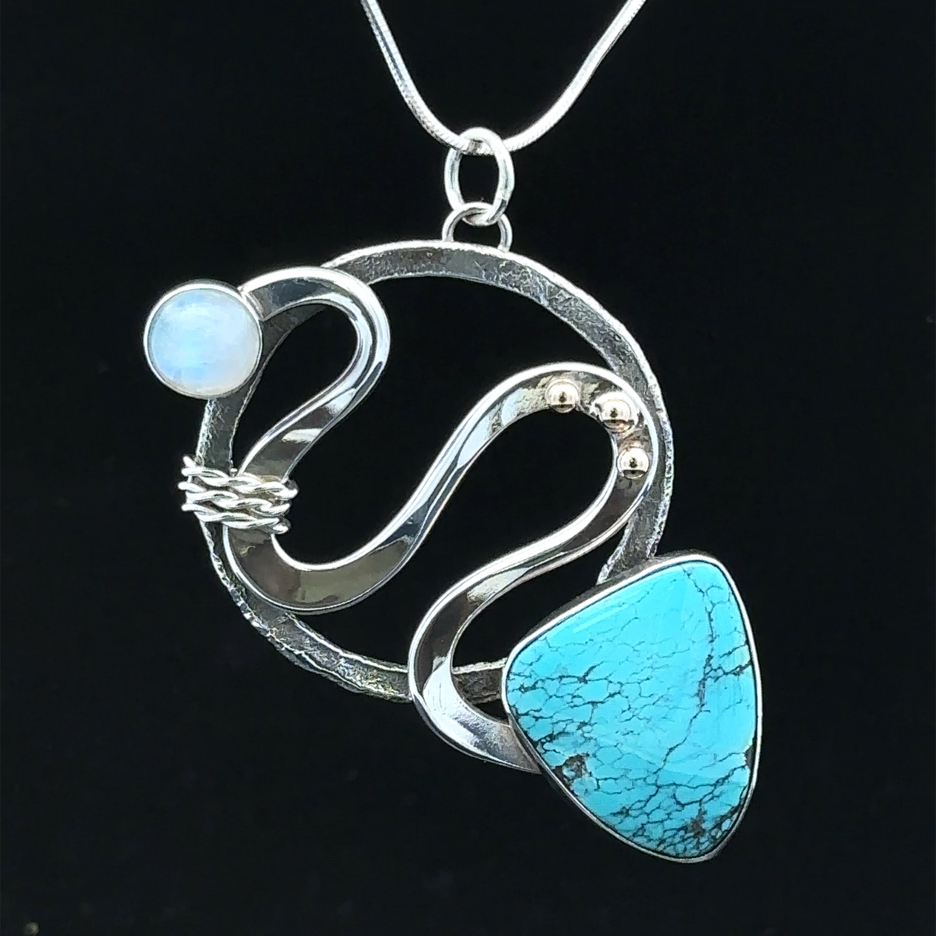 Sterling Silver and 14K Gold Turquoise Moonstone Necklace- 18" Length