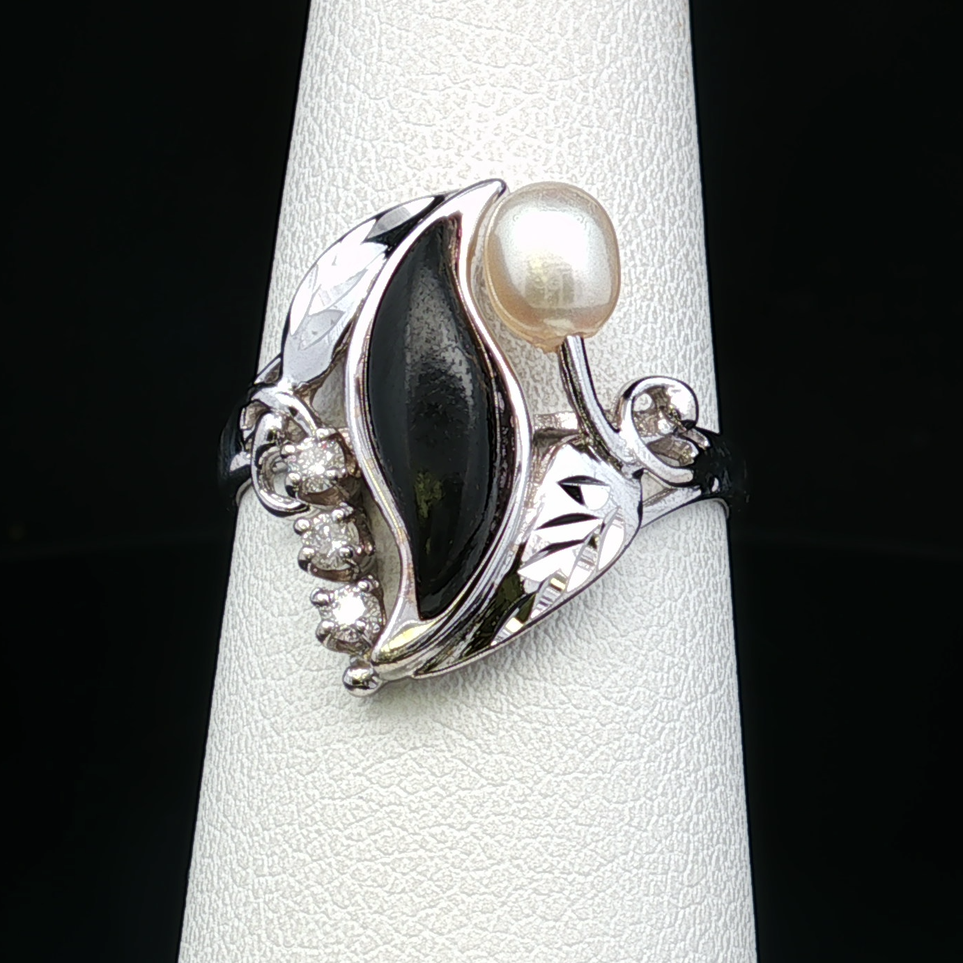 Rowena 14K White Gold Onyx Pearl Diamond Ring