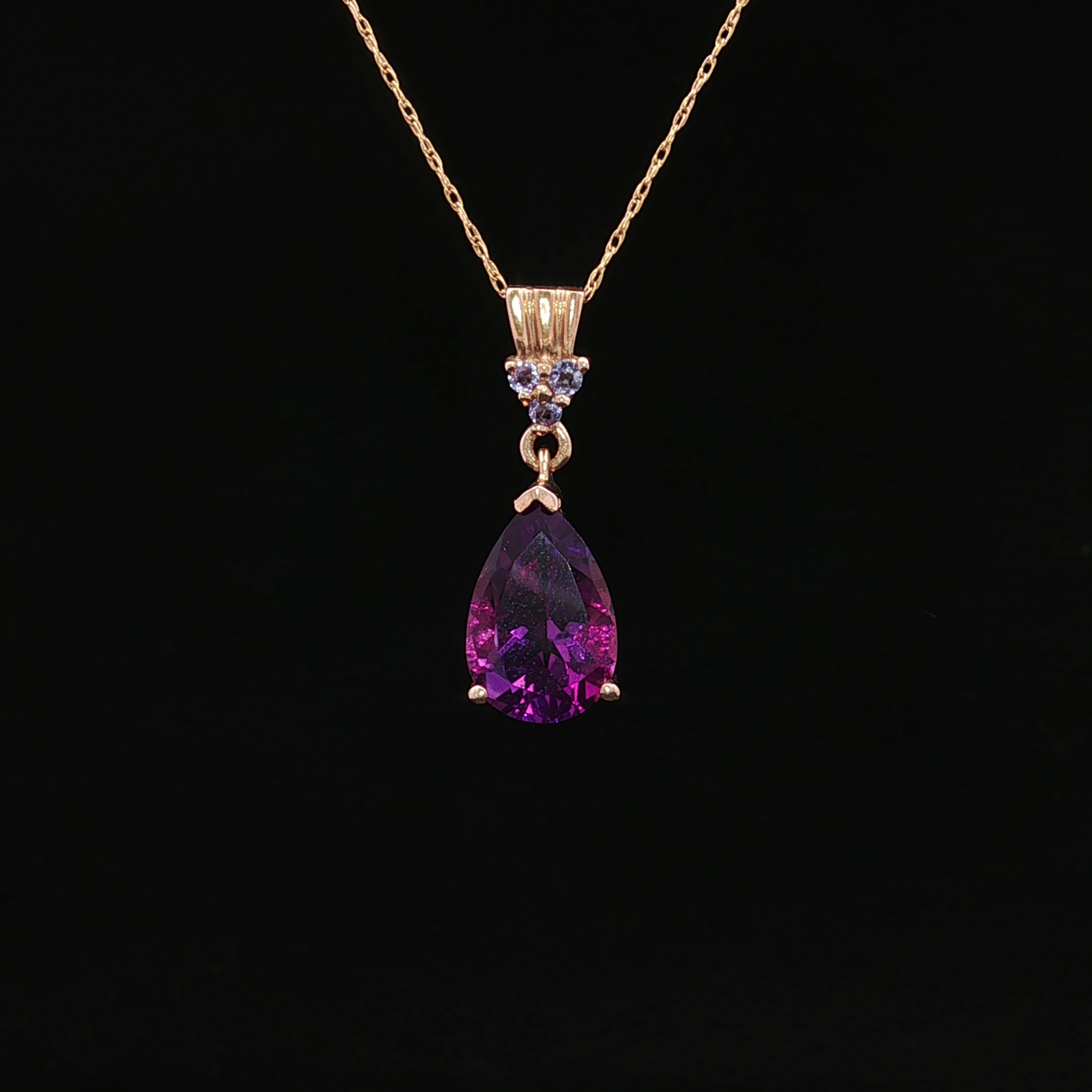 Tanzanite Accents 14K Yellow Gold Drop Necklace with Pear Amethyst