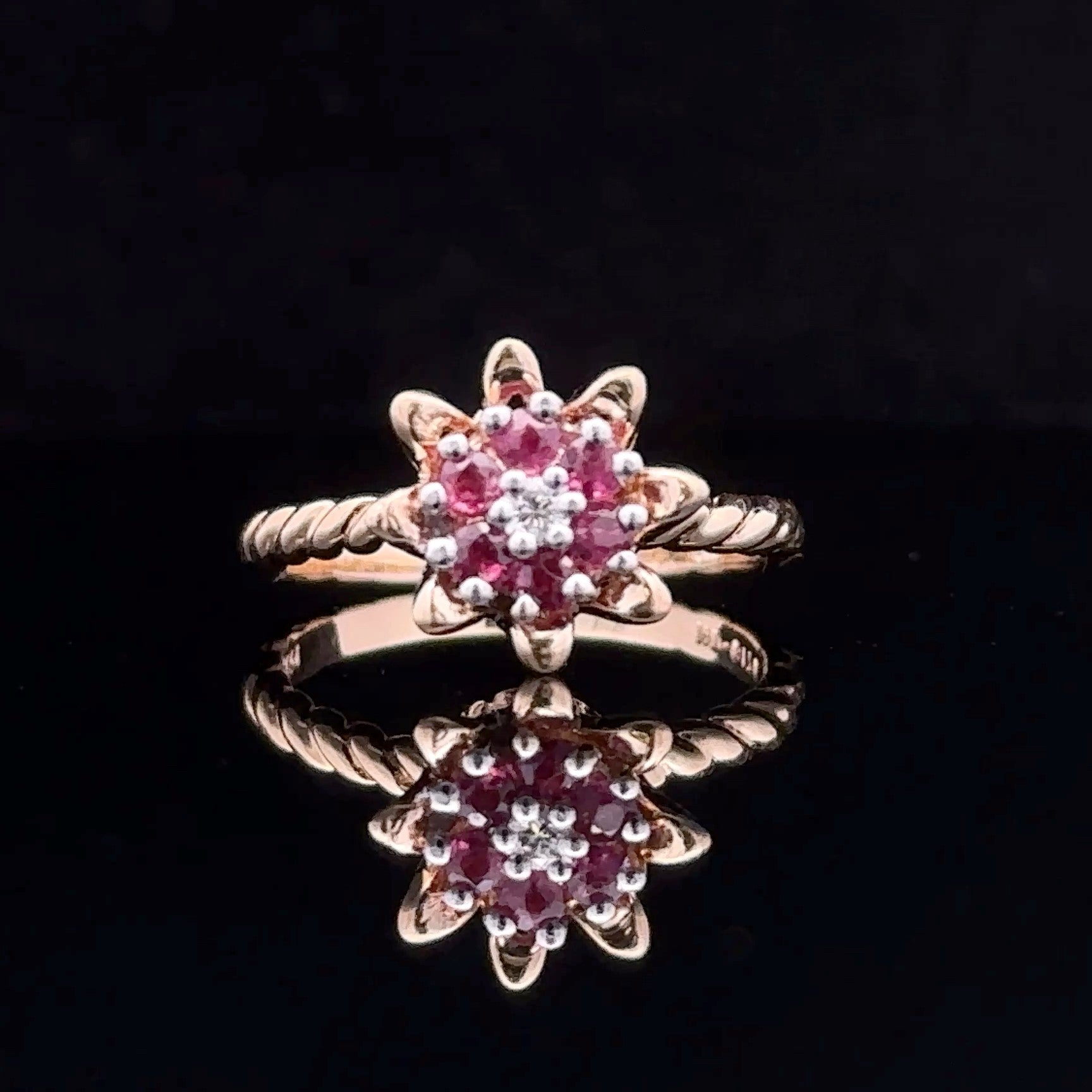 Penelope Yellow 14K Vintage Ring with Ruby and Diamond Flower Design