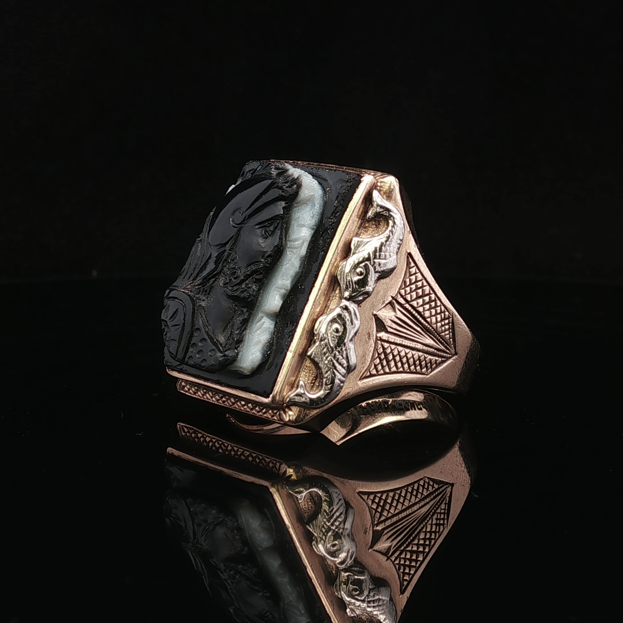 Cannon Carved Stone Ring in 10K Yellow Gold