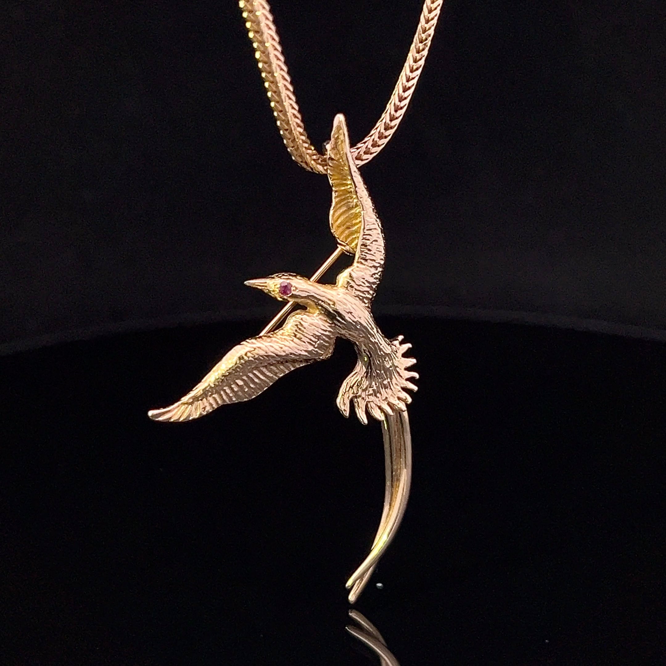 Dayana 14K Yellow Gold Mocking Jay Pin Pendant with Ruby Eye