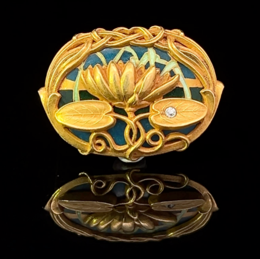 Myah 14KY Riker Bros. 1890s Art Nouveau Watch Pin Enamel