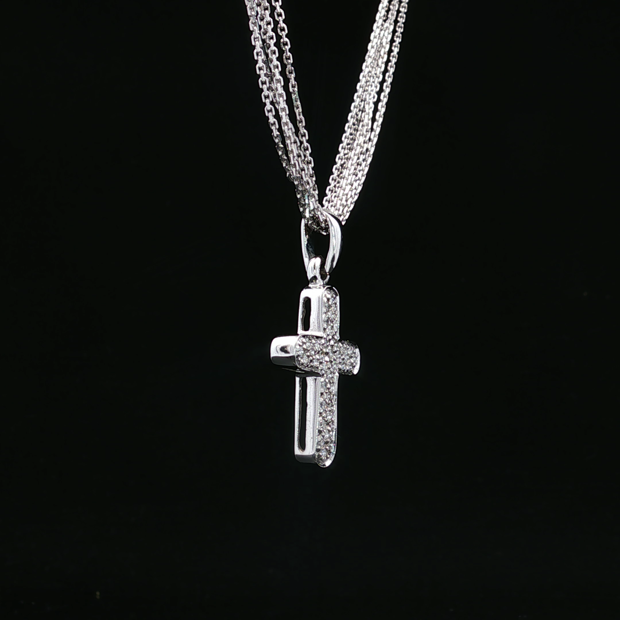 14K White Gold Triple Curb Chain Cross Necklace with Diamonds