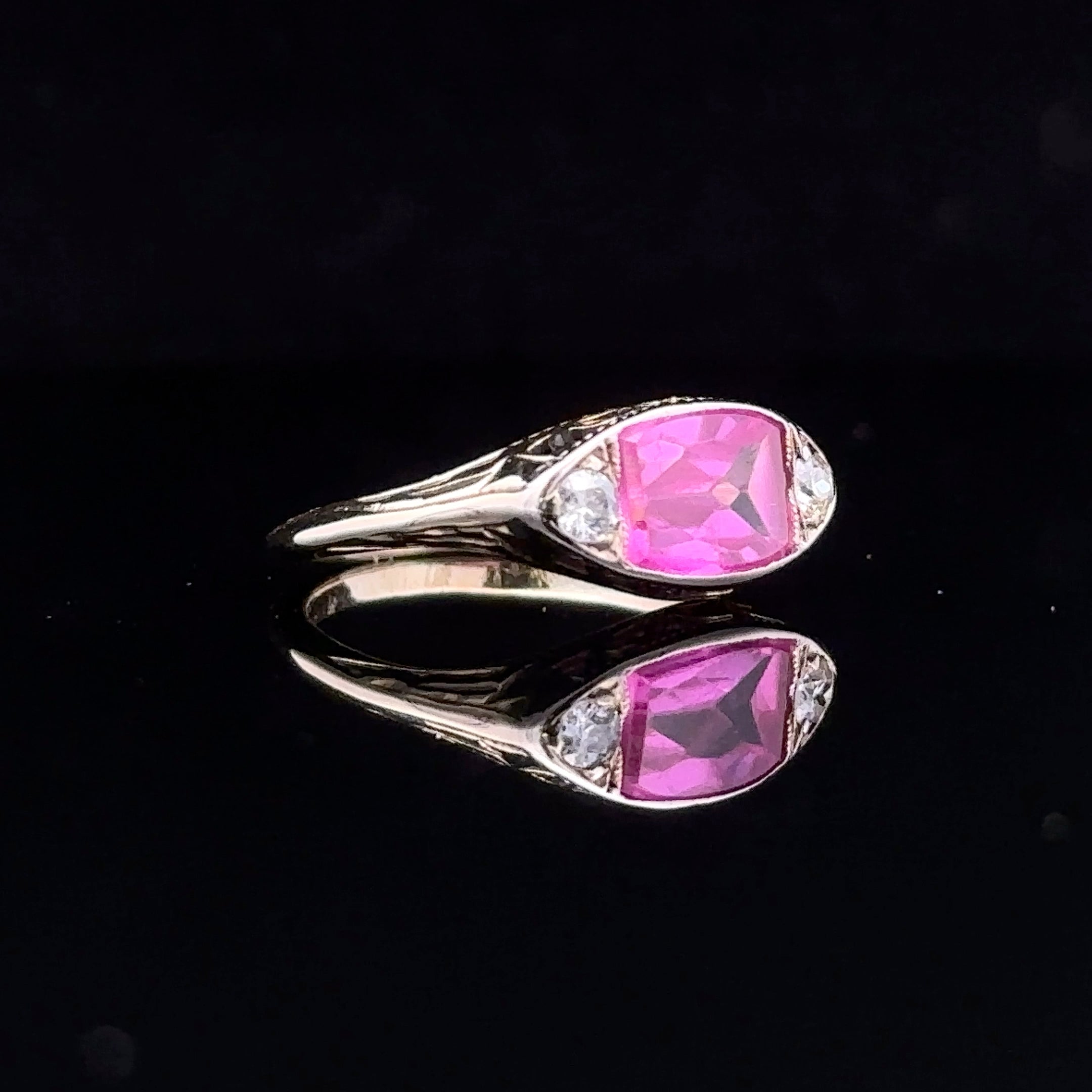 Bri 14K Yellow Gold Synthetic Pink Stone Ring with Side Diamonds