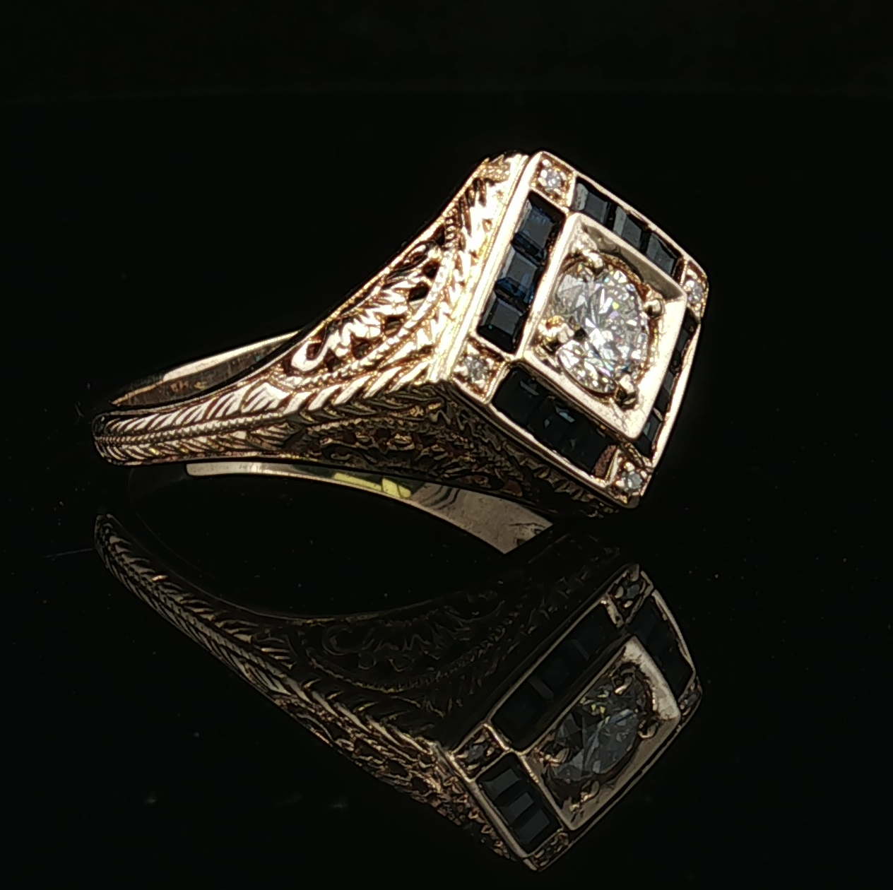 14K Yellow Gold Estate Diamond Sapphire Filigree Ring