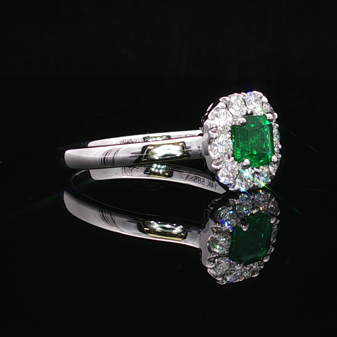 14K White Gold Lennon Ring with Emerald and Diamond Halo